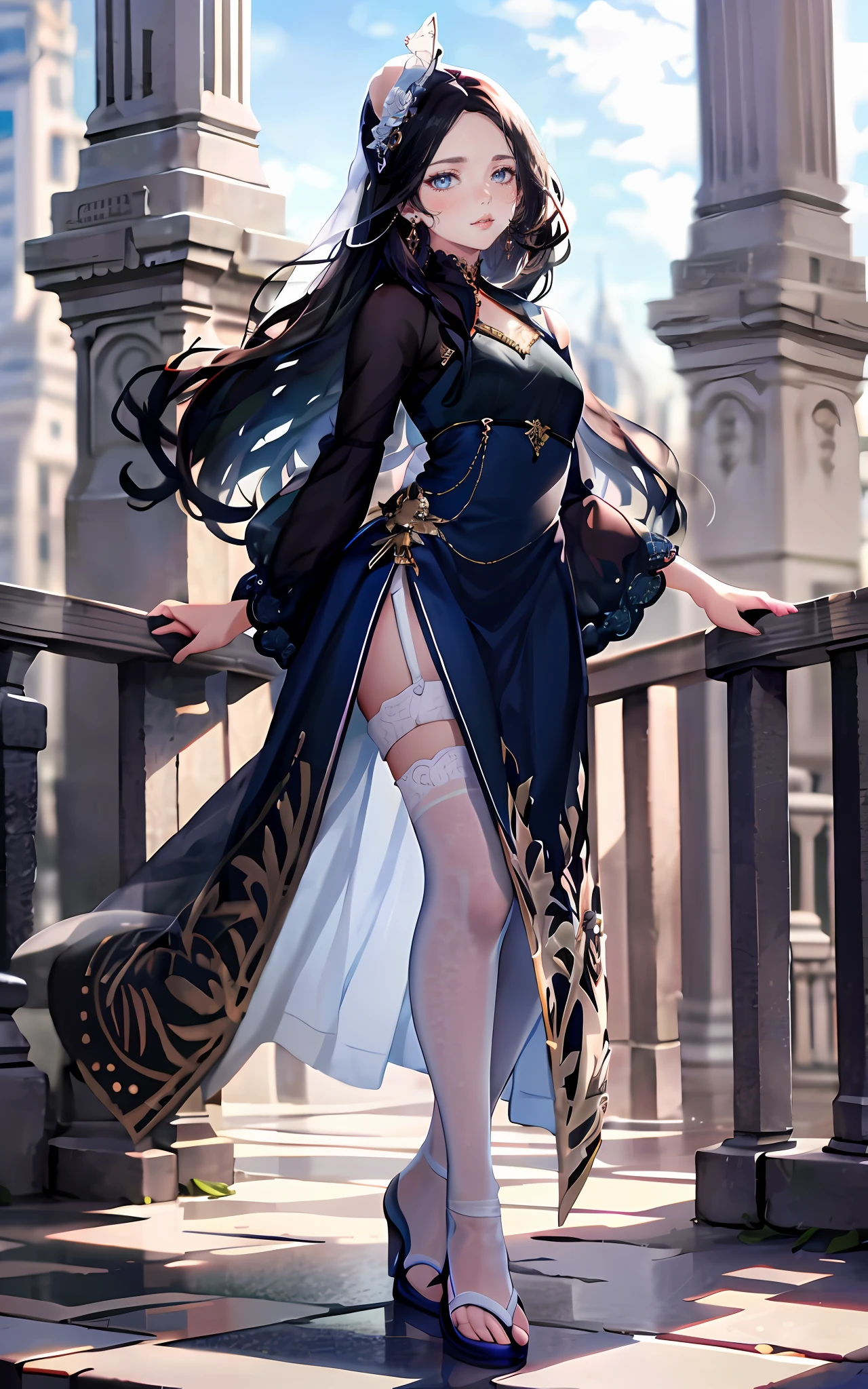 meticulous portrayal of face,Mature women,Long face,Blue dress long dress,(white stockings+),Flat sandals for women,(White stocking feet),cabelos preto e longos,Station background, Perfect body, s the perfect face, perfect hand, Perfect Finger, Perfect lips, perfect eyes, Perfect background