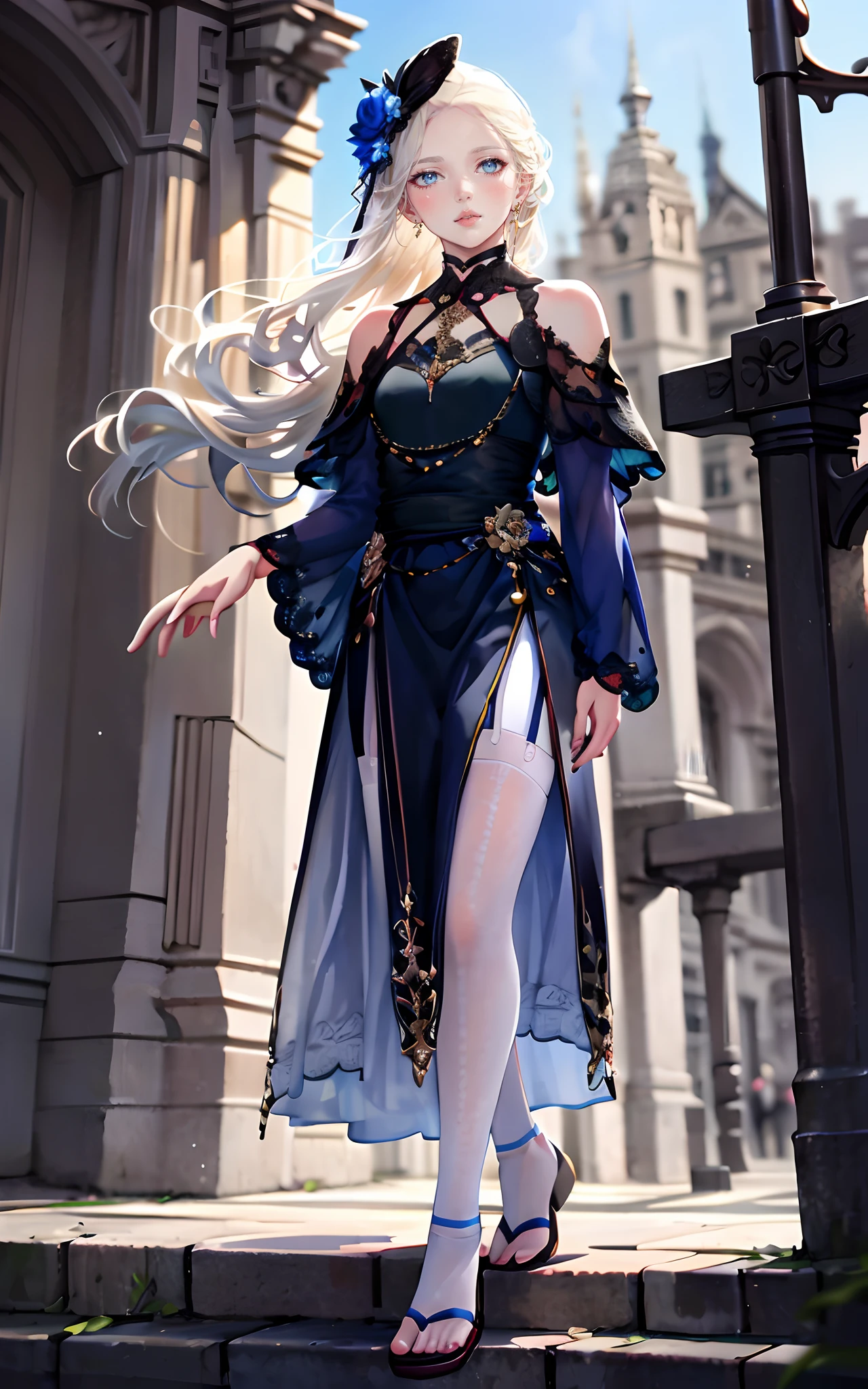 meticulous portrayal of face，Mature women，Long face，Blue dress long dress，(white stockings+)，Flat sandals for women，(White stocking feet)，cabelos preto e longos，Station background， Perfect body， s the perfect face， perfect hand， Perfect Finger， Perfect lips， perfect  eyes， Perfect background