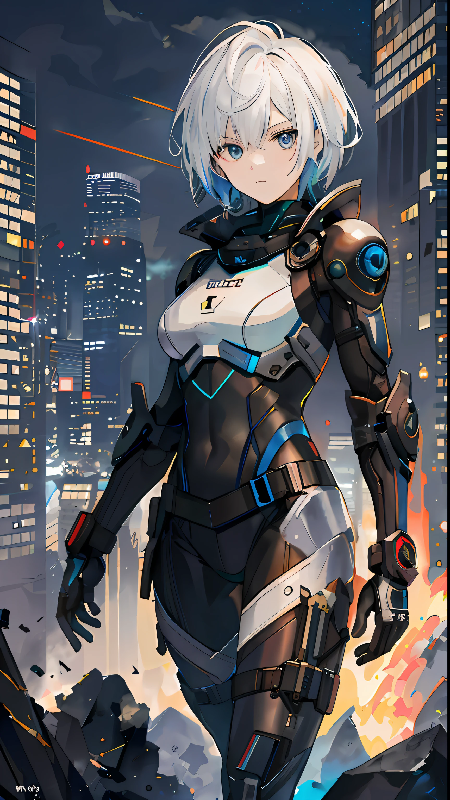 best qualityer,tmasterpiece,Ultimate resolution,downy,Extremely colorful,Colorful,Women combatants,a matural female,Short white hair,Dark blue eyes,Tight combat suit,tightsuit,With a belt,Steel City background,the night,Normal posture
