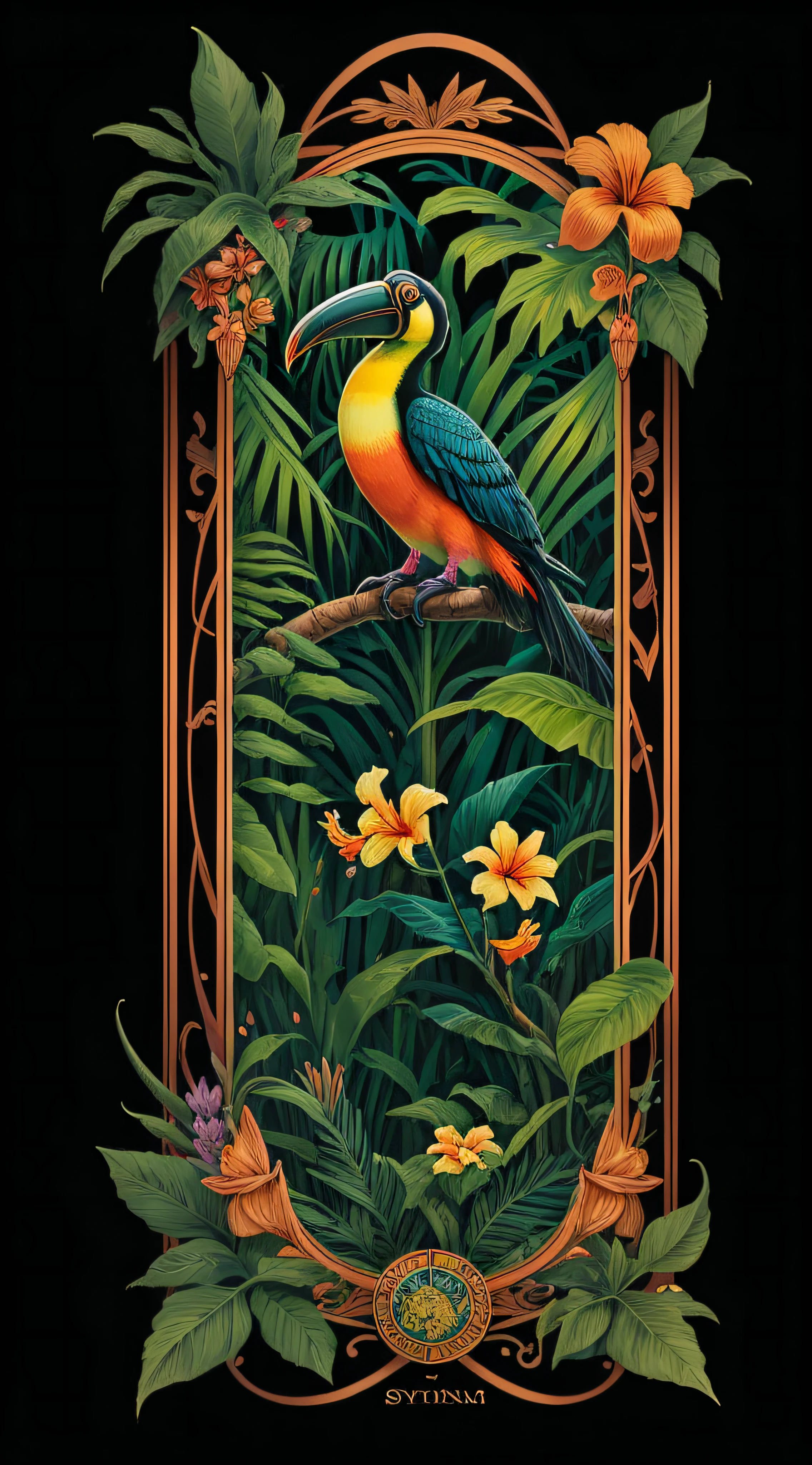 high detailed egyptian tarot card with a toucan and realistic tropical flowers, in a jungle with simmetrical frame around --auto