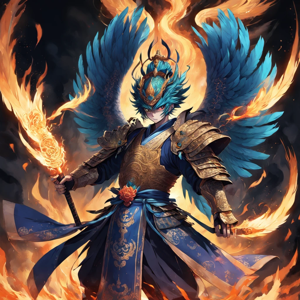 I want to draw a peacock Ming King, Ming King of Esoteric Buddhism, With a touch like an old samurai。Has peacock-like wings、Engulfed in flames。Eta、Flames covered mainly with human parts。Armoured pocket、Iron mask、He holds a sharp sword in both hands。