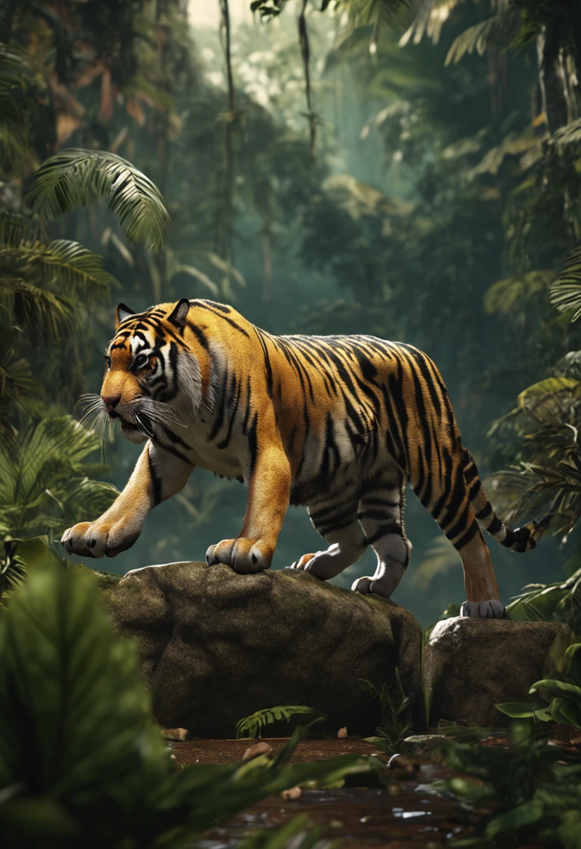realistic angry tiger jump in jungle hdrp side view