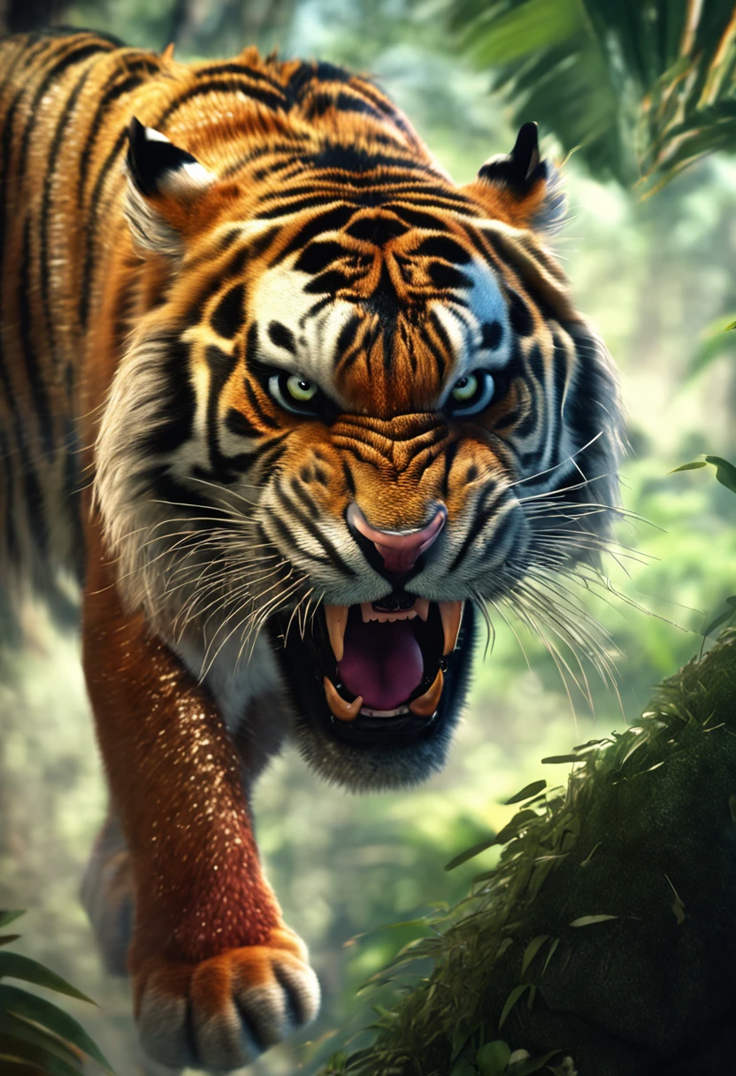 realistic angry tiger jump in jungle hdrp  side view