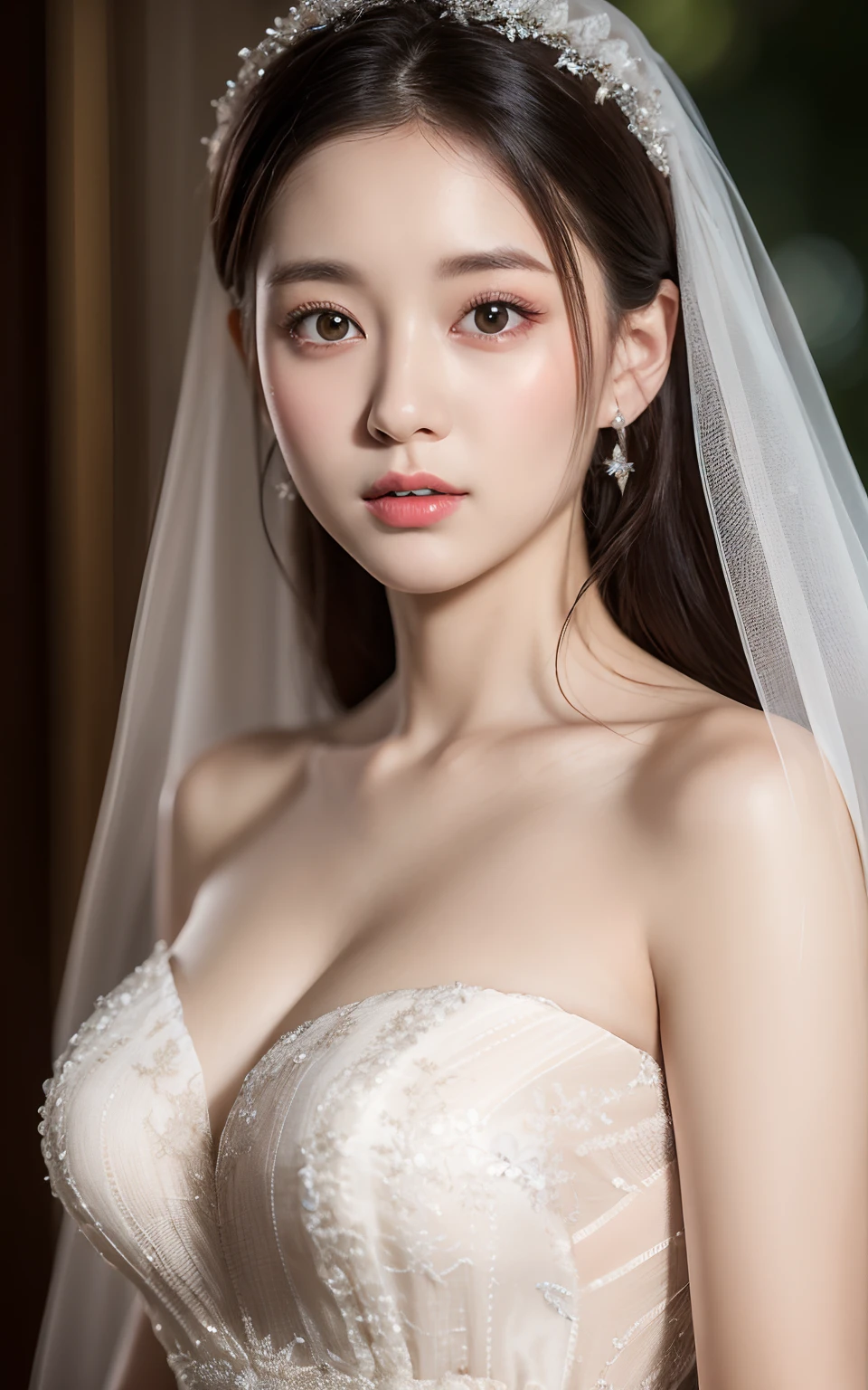 Highly detailed CG Unity 8k wallpapers、top-quality、ultra-detailliert、​masterpiece、realisitic、Photorealsitic、extremely detailed cute girl、(25-years old)、red blush、roundly eyes、Semi-body shots、White Wedding Dresses、veils、armpit focus