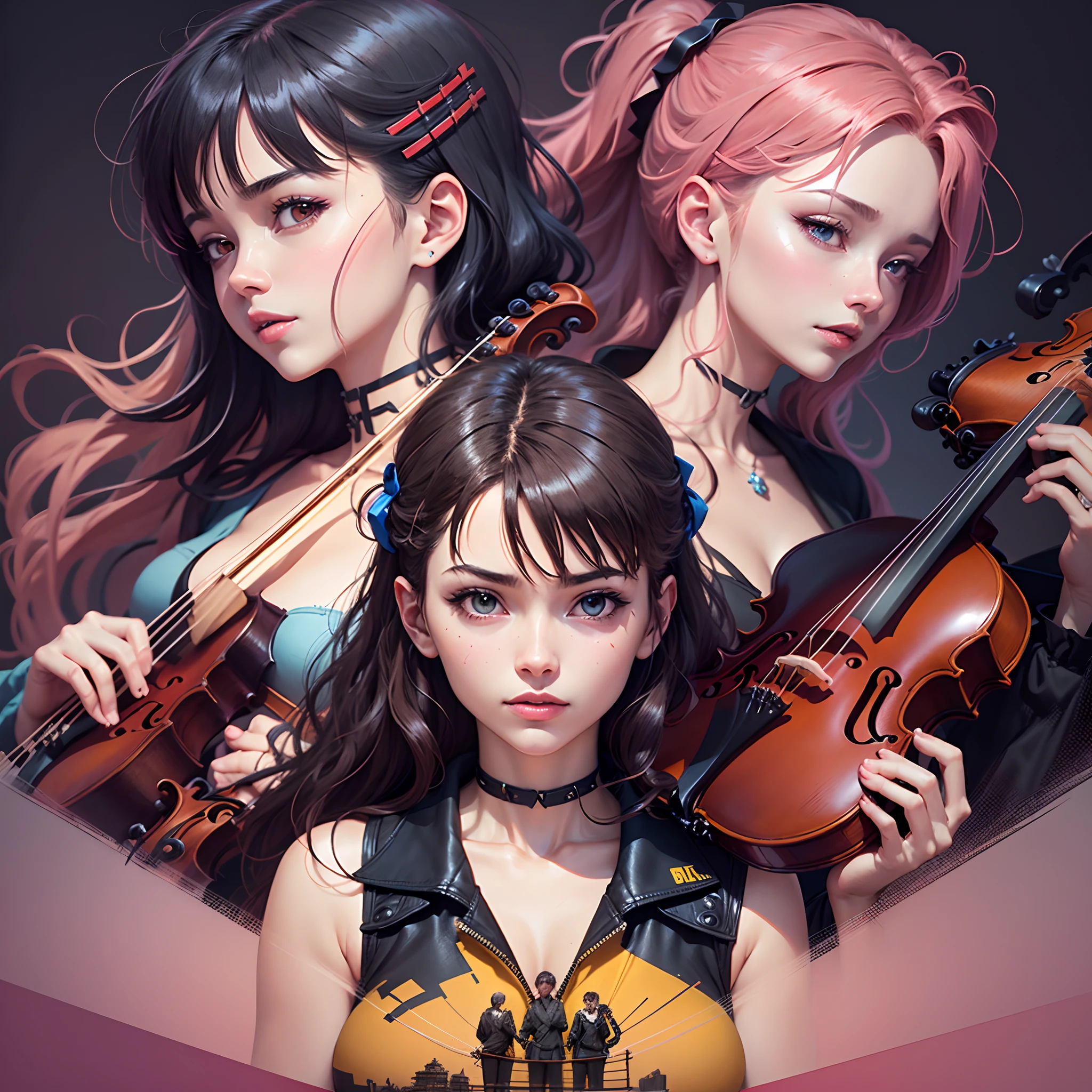 Neon genesis evangelion anime personagens, orchestra play instruments, violin, piano, chello, hyper detailed, high definition, 1-detailed, cinematic, trending on artstation, isometric, hyperrealistic cover photo centered, awesome colors, hand-drawn, high definition, cinematic, neoprene, portrait featured on unsplash, stylized digital art --auto --s2