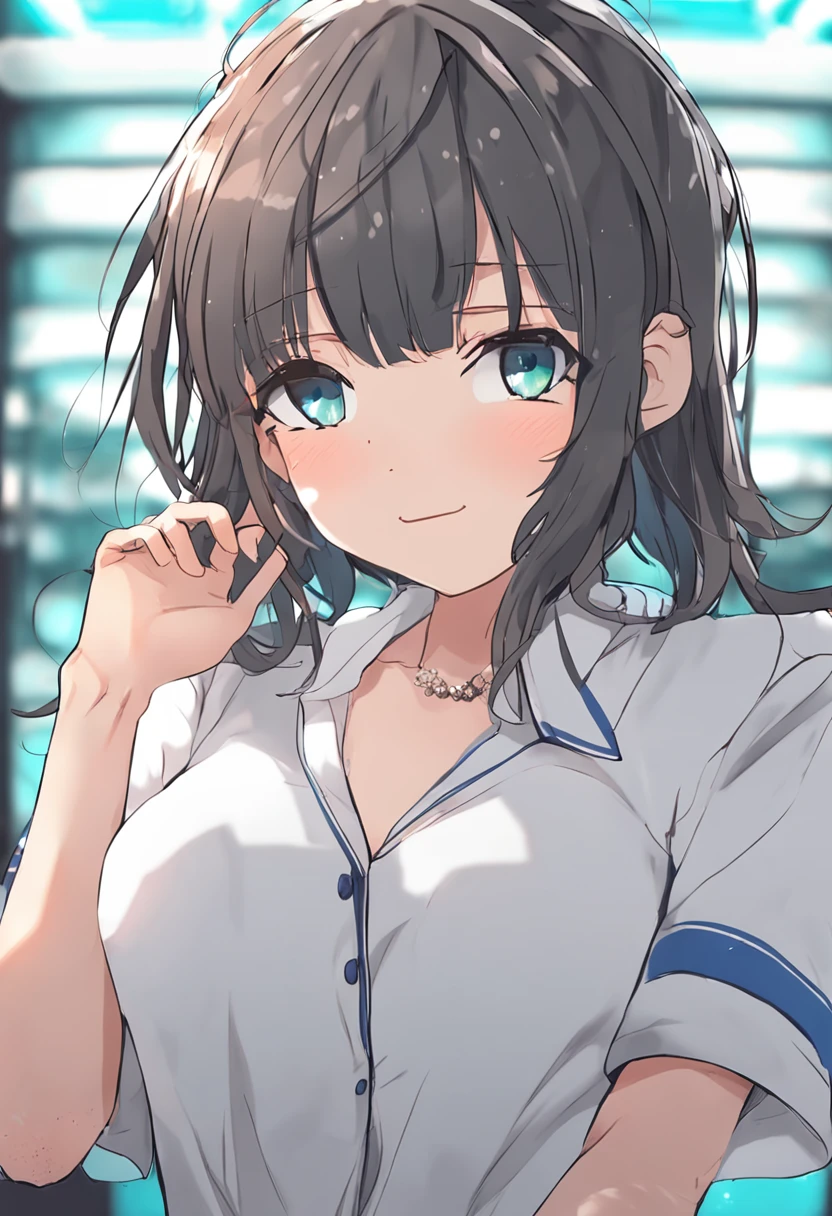 Tazune rirei, nsfw, 8k, ultra-detailed, Masterpiece, best quality, aqua eyes, black hair, side ponytail, middle chest, nipple peel, pink areola, (fellatio:1.5), (penis:1.5), (cum:1.5), (cum on hair:1.5), close up face, classroom, school uniform, window, 1girl, solo, portrait, bokeh, blush, embarrassed