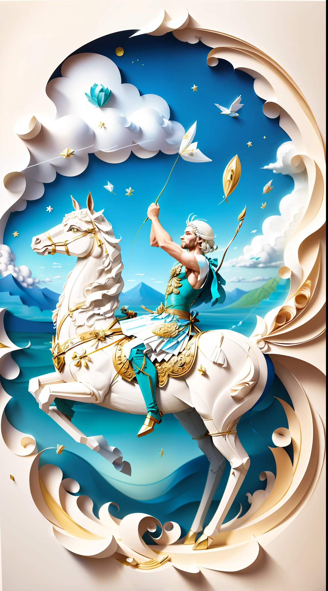 best qualityer,A centaur floats in the sky,holding a bow and arrow in his hands,There are white clouds all around,Clear details,multi dimensional paper quilling,Created by artists such as Georgia O'Keefe or Christo and Jeanne-Claude