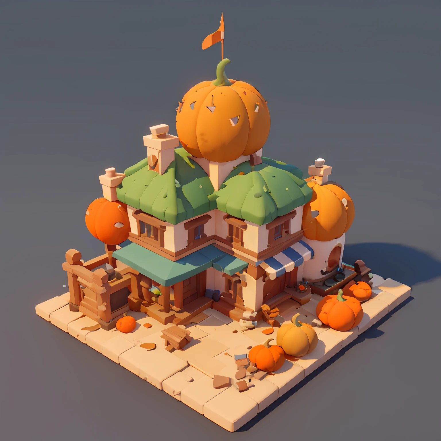 Game architectural design, Cartoony,Pumpkin house，The pumpkin matches the building，casual game style, Pumpkin architecture,  。.。.3D, blender，closeup cleavage，tmasterpiece，super detailing，best qualtiy