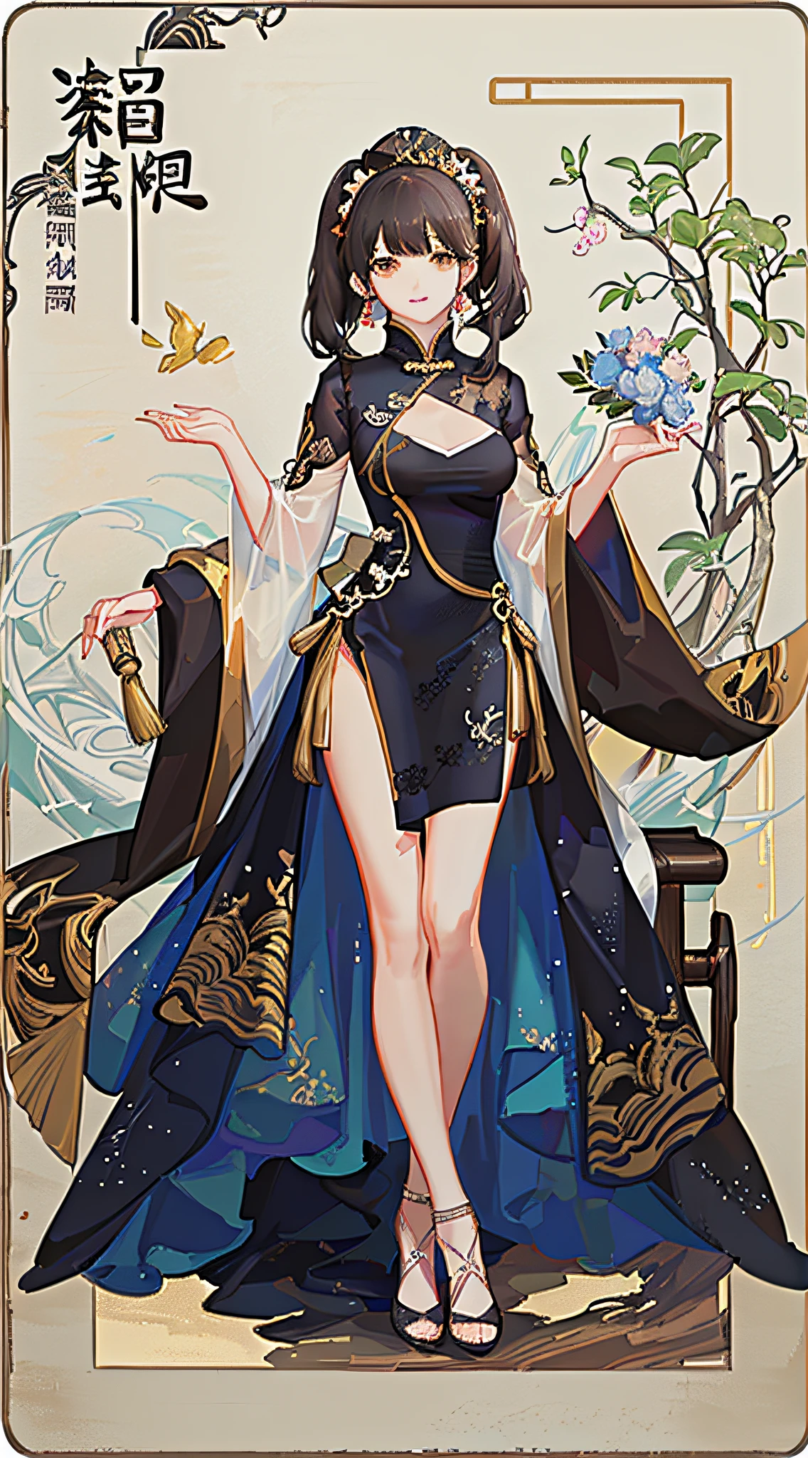 girl,full body,(detailed face:1.2), masterpiece, fashion,chinese dress,, medium hair, black hair, twintails, blunt bangs, brown eyes,