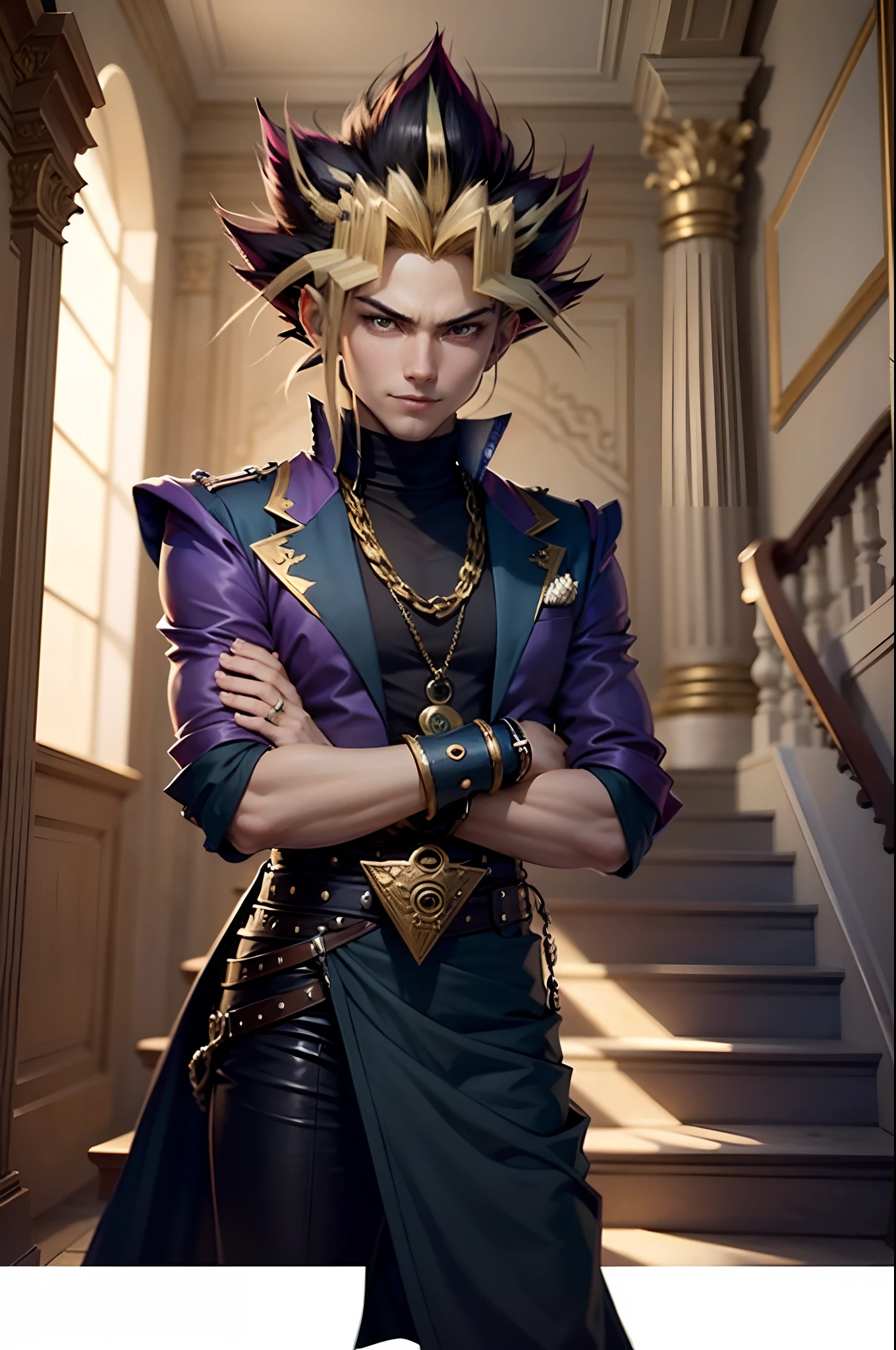 Best Quality, Close-up shot of a Yami Yugi from Yu-gi-oh, with his arms crossed and a confident smirk on his face. Yugi's hair is messy and unkempt, with a few strands falling over his forehead. His eyes are sharp and intense, and he wears a black and gold outfit.  The background shows a grand staircase, with marble steps and an ornate railing.  Pose - Yami Yugi is standing at the top of the staircase, his arms crossed and his smirk daring anyone to challenge him. Style Reference: Inspired by the Yu-gi-oh anime. Masterpiece, extremely detailed, by artgerm, by studio ghiblit, nature, kyoto, japan, fantasy, featured on artstation, 8k, art by artgerm