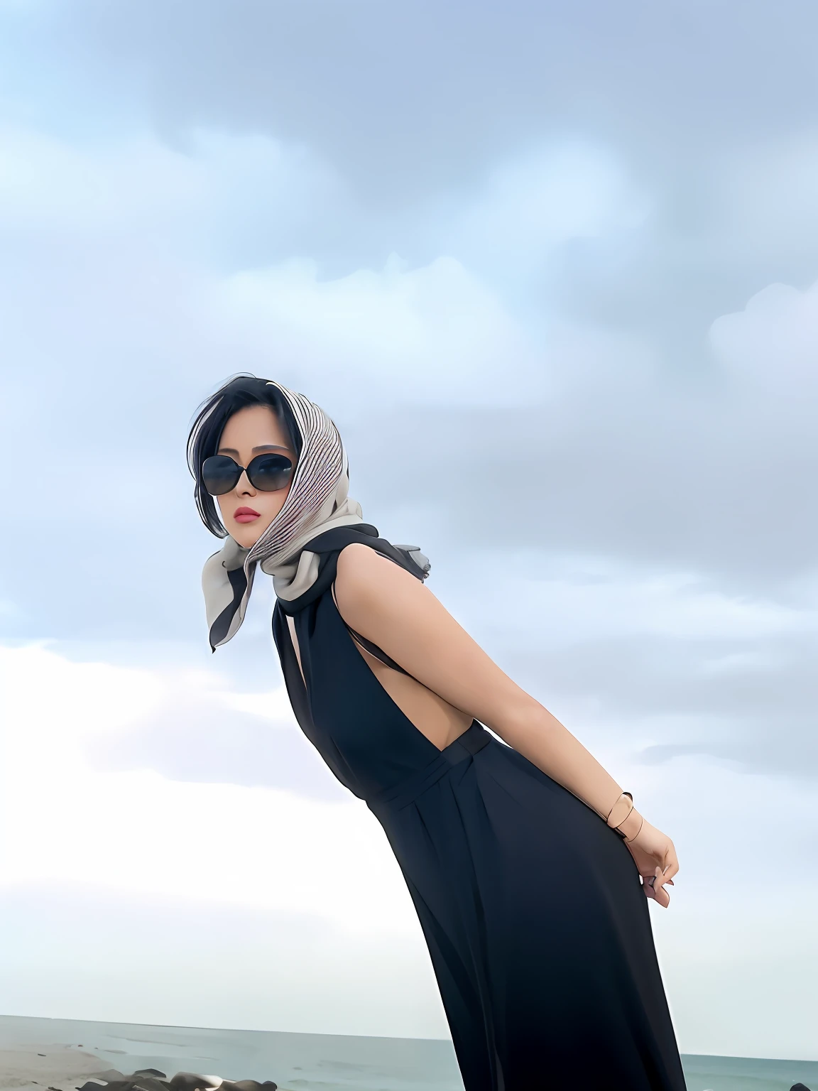 Woman in black dress and scarf standing on the beach, Sunglasses and scarf, Wrapped in a black scarf, with sunglass, With sunglasses, high - end fashion photoshoot, face is wrapped in a black scarf, style is a blend of æon flux, digital art of an elegant, an elegant woman in black dress, wearing elegant outfits