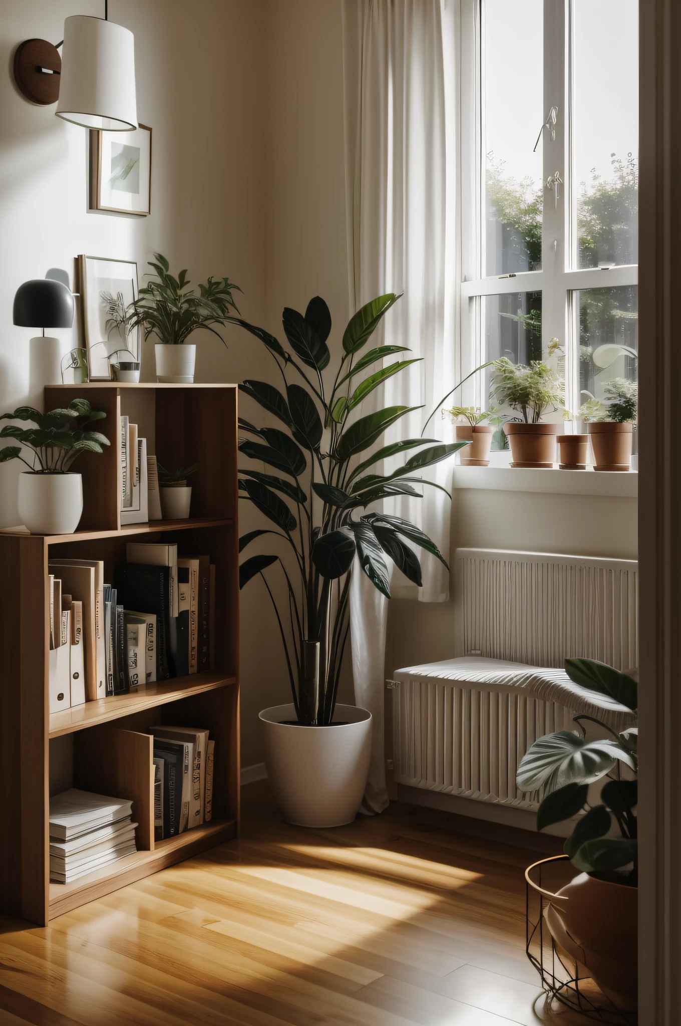 bookshelf, sofe, Indoors, plant, potted_plant, window, day, pillow head, book, No_Humanity, Bed, Table, Sunlight, Curtains, scenery, Wooden_floor, lamp lights, Bedroom, Room 2， dingdall effect