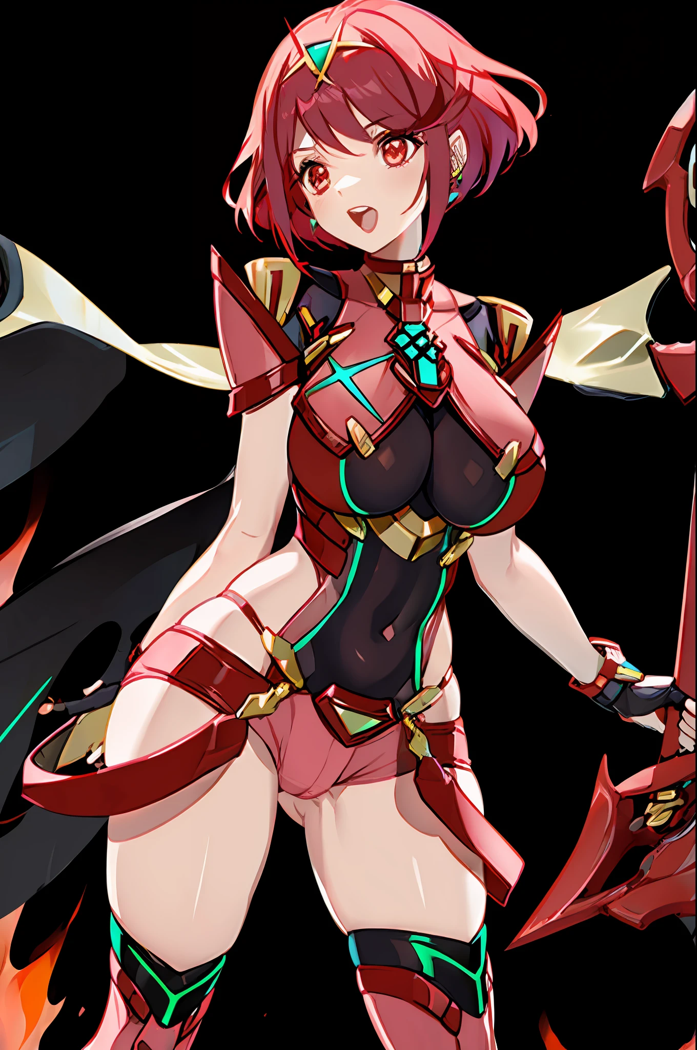 pyra \(xenoblade\), _1girl, lolimor, bangs, black gloves, breasts, red eyes, closed mouth, earrings, eyelashes, fingerless gloves, floating hair, framed breasts, gem, gloves, hair ornament, headpiece, jewelry, big_breasts, leaning back, leotard, neon trim, official art, pose, red hair, red shorts, saitou masatsugu, short hair, short shorts, short sleeves, shorts, sidelocks, skin tight, solo, standing, swept bangs, thighhighs, tiara, night_prairie_background, turtleneck, underbust, vambraces, xenoblade chronicles \(series\), (xenoblade chronicles 2), apart_legs, fire_effect,dynamic_pose,fighting,light_smile, (plump:1.1), big_ass,huge_sword, hold_large_sword_hilt, solo, covered_nipples, (covered_pussy:1.2),cameltoe,open_mouth,back_view, fists,ponytail,plump,