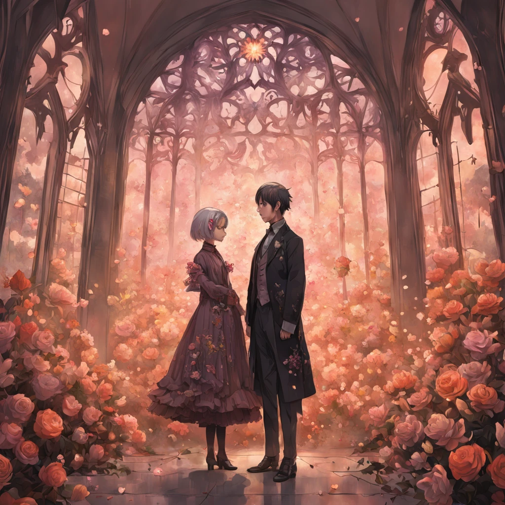"A couple standing together, in an ethereal and enchanting artwork by Frieke Janssens, capturing the essence of international gothic. The artwork is composed of intricately arranged flowers, showcasing a high definition display on Behance, with a touch of whimsy."