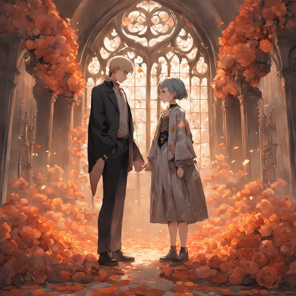 "A couple standing together, in an ethereal and enchanting artwork by Frieke Janssens, capturing the essence of international gothic. The artwork is composed of intricately arranged flowers, showcasing a high definition display on Behance, with a touch of whimsy."