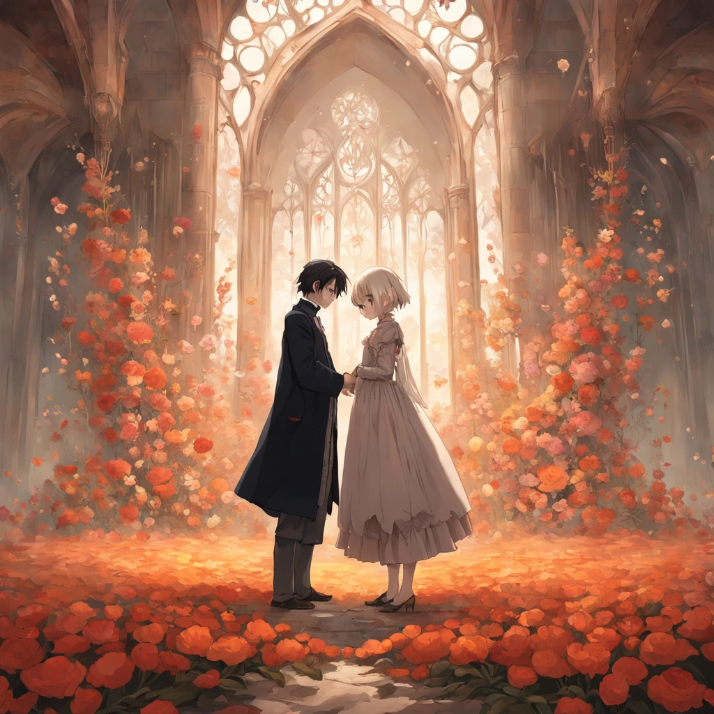 "A couple standing together, in an ethereal and enchanting artwork by Frieke Janssens, capturing the essence of international gothic. The artwork is composed of intricately arranged flowers, showcasing a high definition display on Behance, with a touch of whimsy."