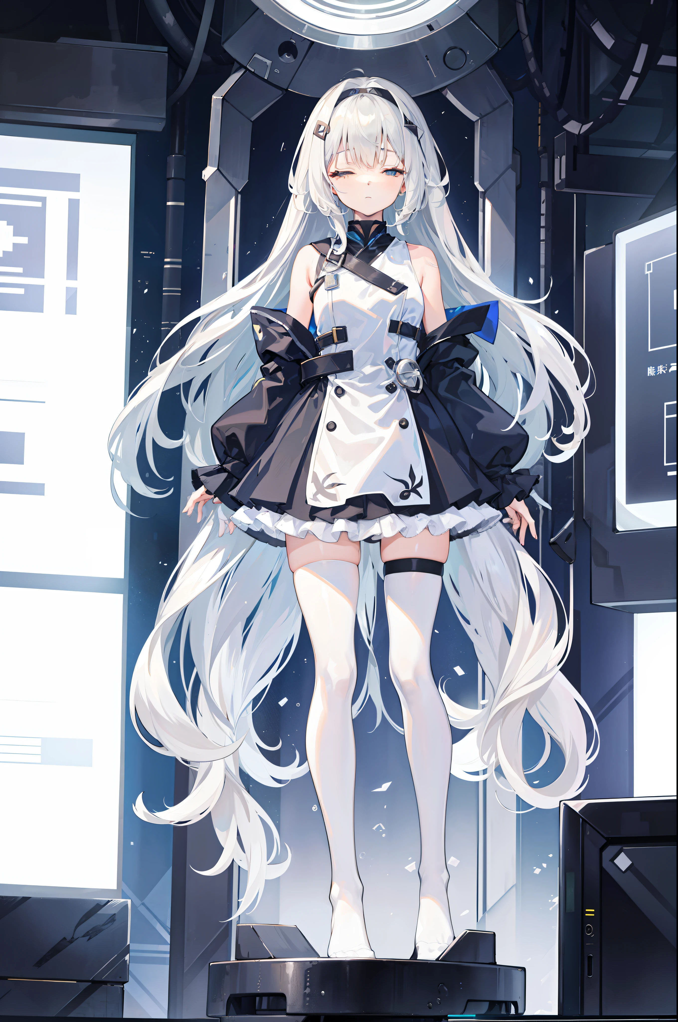 1girll, whaite hair，long whitr hair，eye closeds，Wing-like bangs，Dull hair，hair loops，Silver tights，Luminous stripes，in container,stasis tank,