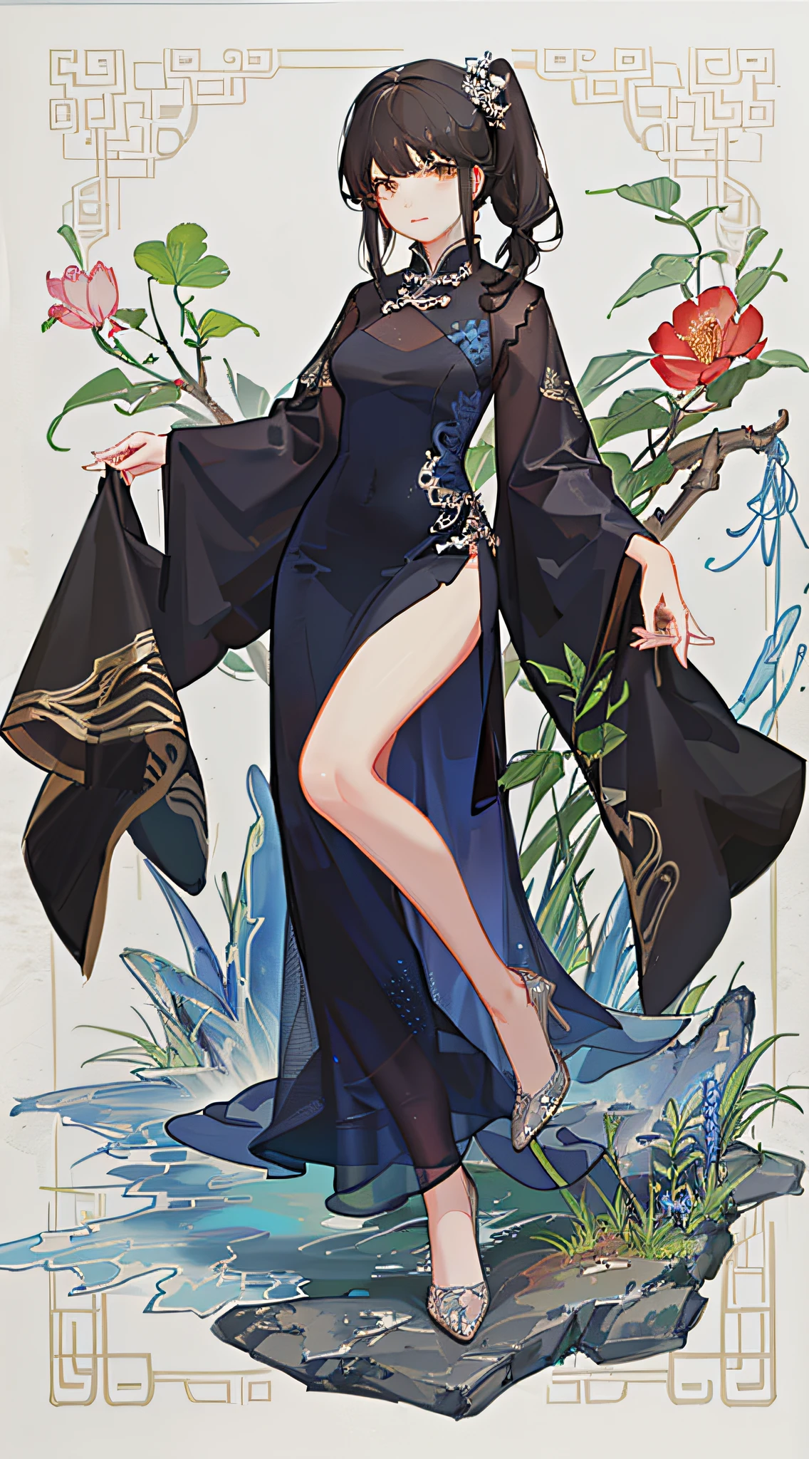 girl,full body,(detailed face:1.2), masterpiece, fashion,chinese dress,, medium hair, black hair, twintails, blunt bangs, brown eyes,