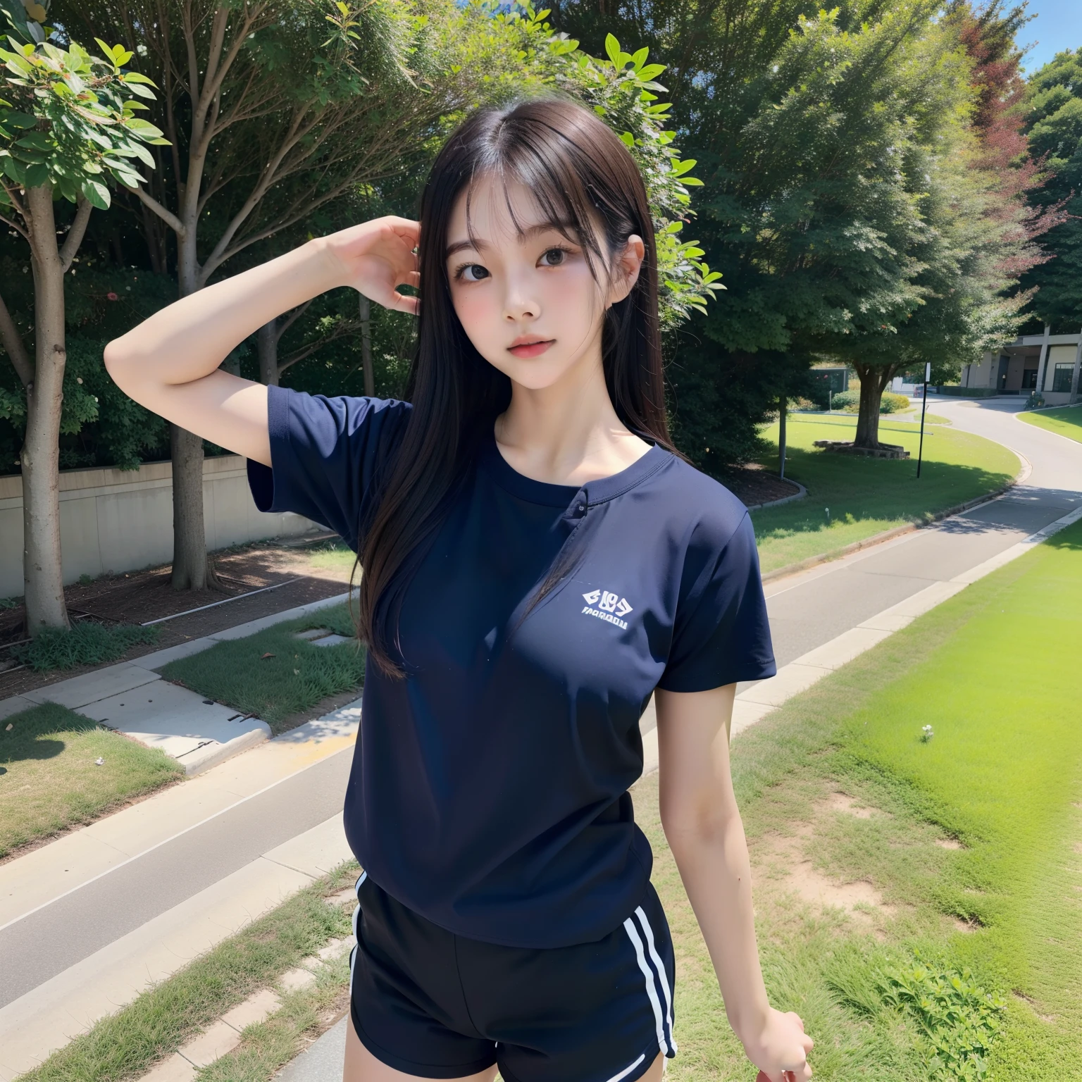 realistic, high resolution, young girl, redhead, french, black eyes, small moles under the eyes, loose white shirt, sports shorts, holes, swimming pool, thick thighs, legs crossed, walking, pale skin, cheerful eyes