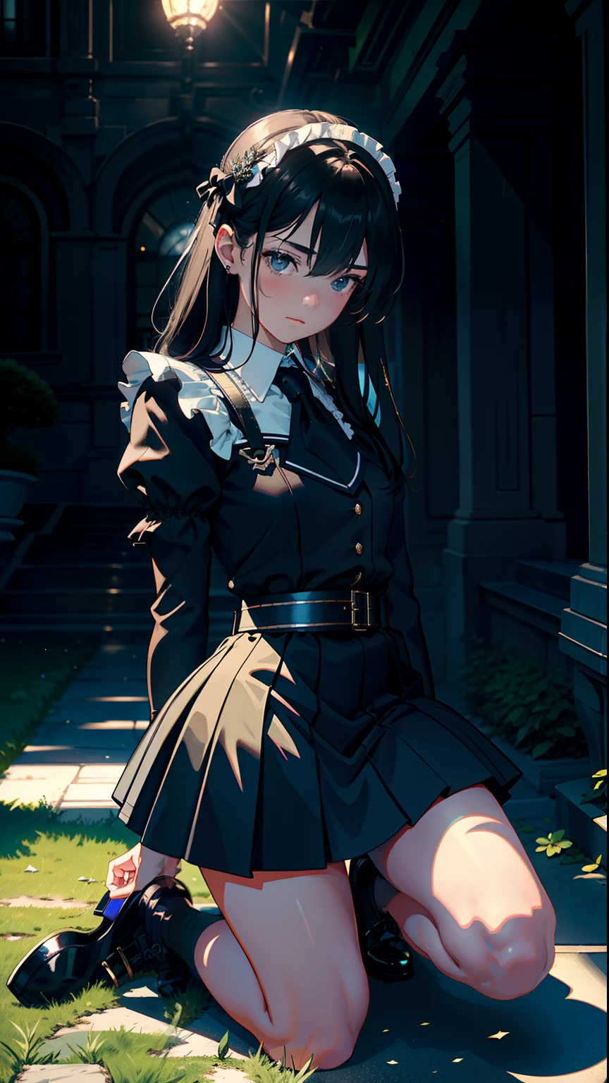 masterpiece, top-quality, Detailed details, Detailed landscapes, beatiful lights, Beautiful Shadows,girl with,Kneeling, (Get down on one knee and stretch your chest),sixteen years old,Black eyes,Expression of shame,a miniskirt,Maid appearance, detailed skin textures, Tyndall effect,mansion
