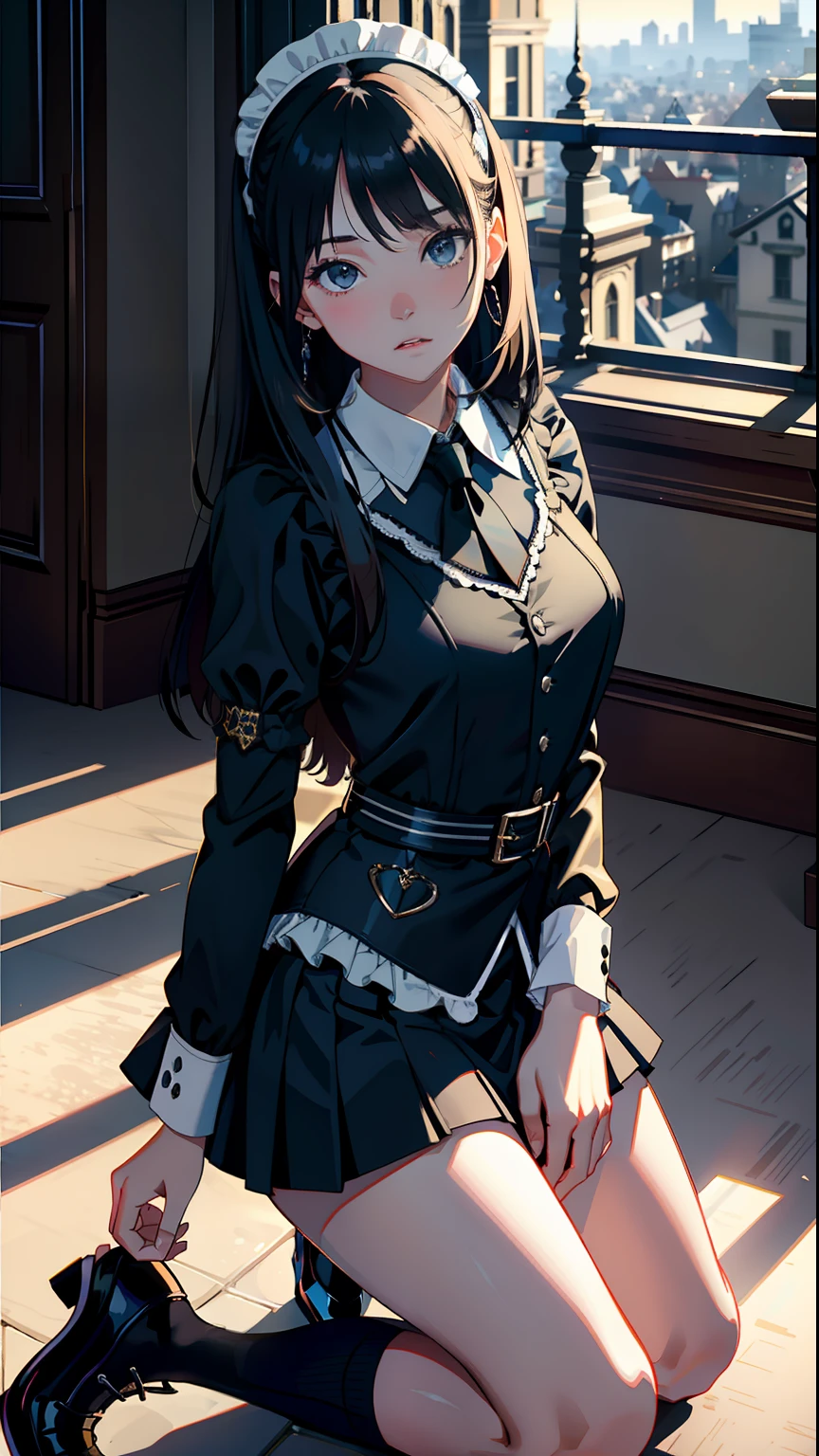 masterpiece, top-quality, Detailed details, Detailed landscapes, beatiful lights, Beautiful Shadows,girl with,Kneeling, (Get down on one knee and stretch your chest),sixteen years old,Black eyes,Expression of shame,a miniskirt,Maid appearance, detailed skin textures, Tyndall effect,mansion