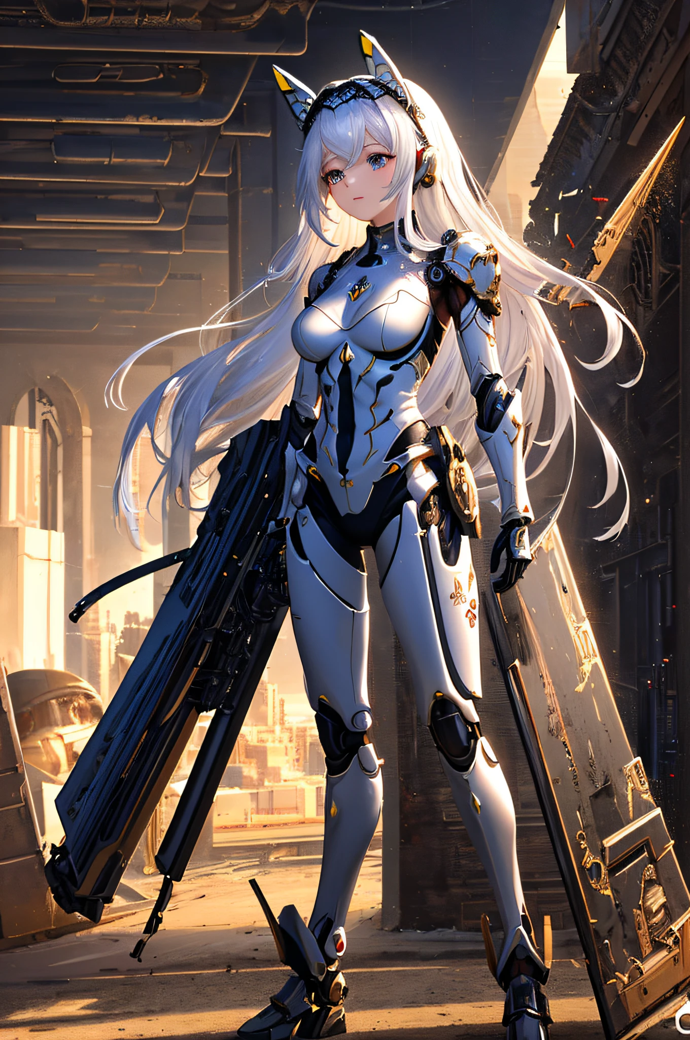 Mecha, nsfw, angel, long hair, flowing hair, futuristic, oriental look, white hair, battle googles 