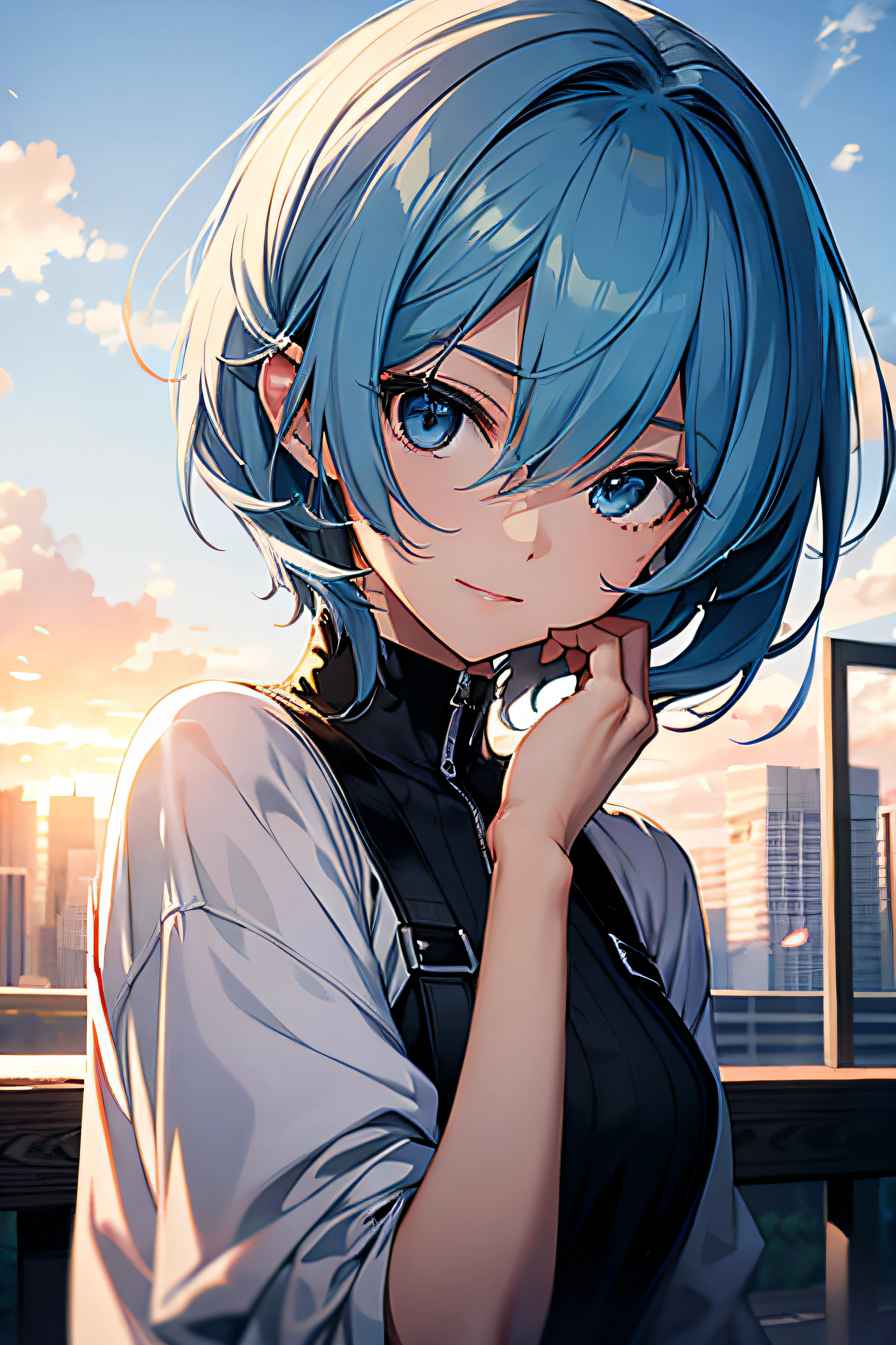 ​masterpiece、top-quality、Movie stills、1girl、with light glowing、happiness、Warm soft lighting、Sky blue hair、Shorthair、