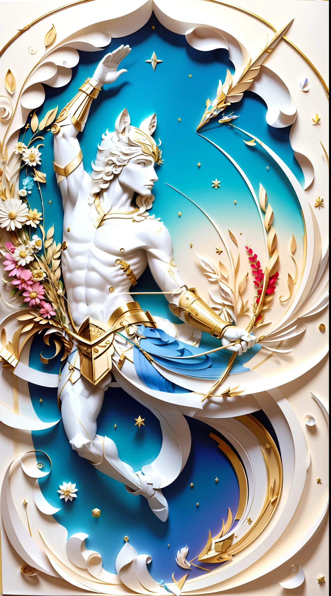best qualityer,Sagittarius floats in the sky,holding a bow and arrow in his hands,There are white clouds all around,Clear details,multi dimensional paper quilling,Created by artists such as Georgia O'Keefe or Christo and Jeanne-Claude