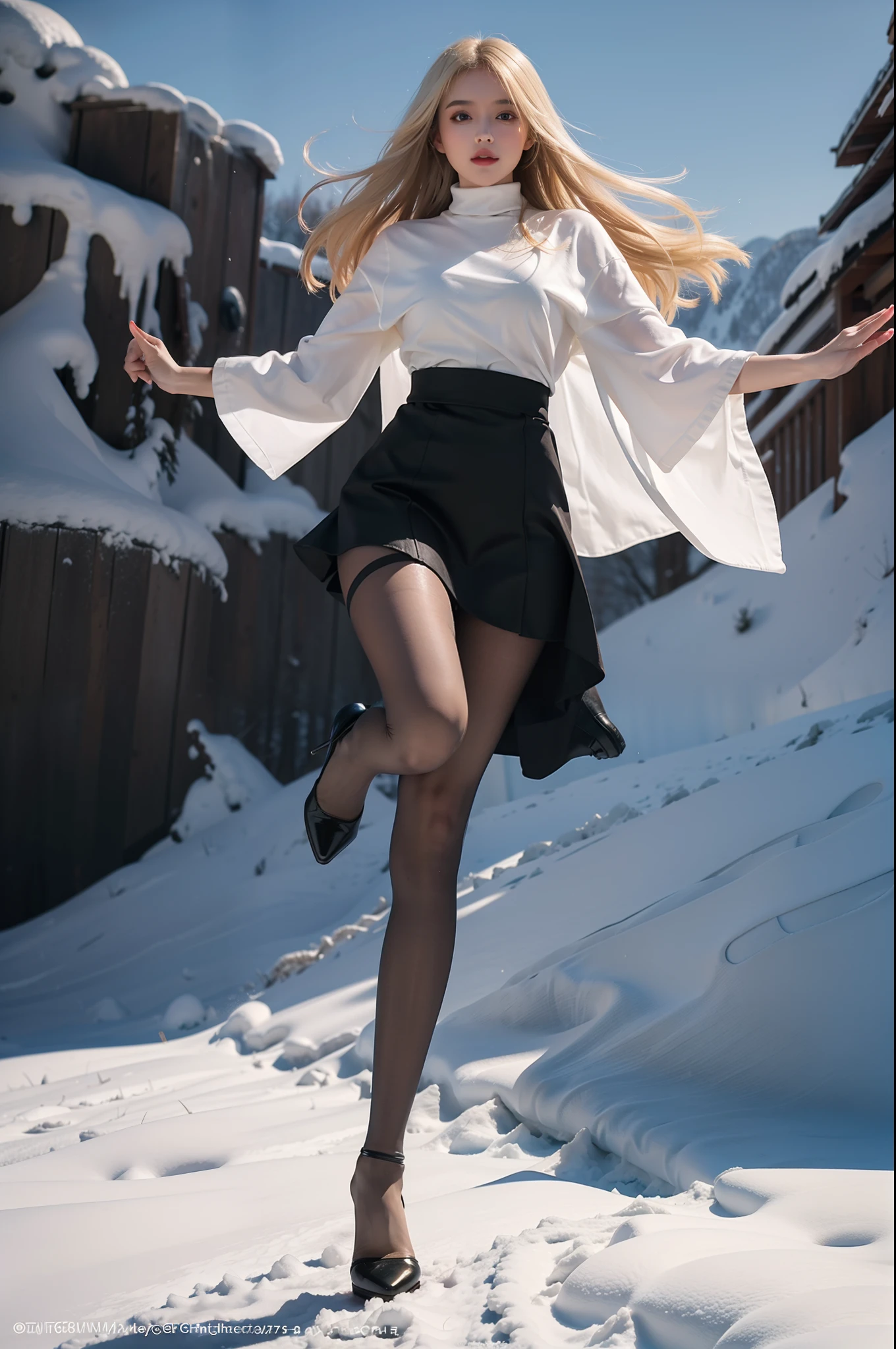 (full body:1.5),(1girl:1.3),(view the viewer:1.4),(anatomy correct:1.4),(Opaque pantyhose and pointed thick heels :1.3),(Dancing on the top of a snowy mountain and covered in snow all over:1.2),(Wearing a Indian style high waisted skirt:1.2),(Long blonde hair:1.2),(Accurate and perfect face:1.3),(Long legs:1.3),hyper HD, Ray traching, reflective light, structurally correct, Award-Awarded, high detail, lighten shade contrast, Face lighting ,cinematic lighting, masterpiece, super detailing, high quality, high detail, best quality, 16k,High contrast,