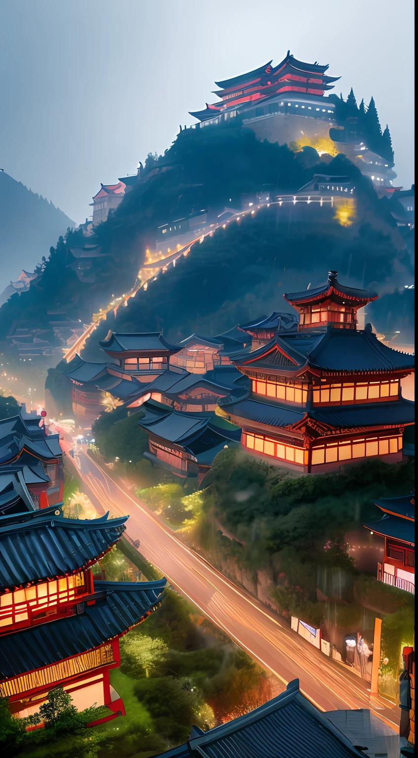 arafed view of a village with a lot of lights on the buildings, dreamy chinese town, chinese village, amazing wallpaper, japanese town, japanese village, hyper realistic photo of a town, old asian village, japanese city, by Raymond Han, rainy evening, cyberpunk chinese ancient castle, beautifully lit buildings, at evening during rain, beautiful and aesthetic, photography, cinematic, 8k, high detailed ((Heavy rain)))