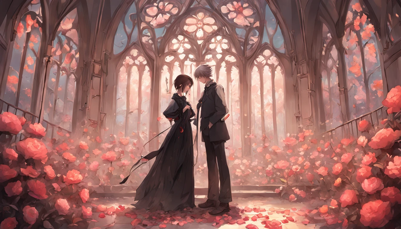 "A couple standing together, in an ethereal and enchanting artwork by Frieke Janssens, capturing the essence of international gothic. The artwork is composed of intricately arranged flowers, showcasing a high definition display on Behance, with a touch of whimsy."
