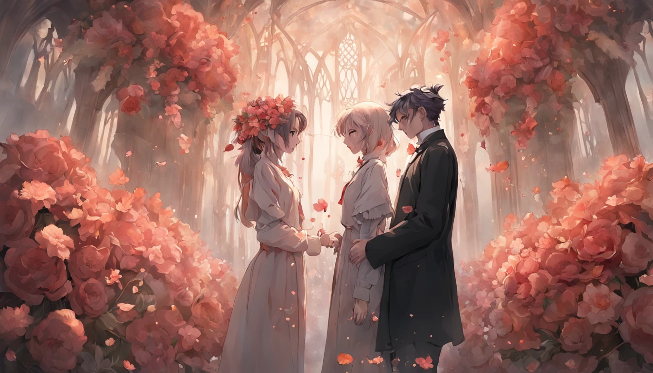 "A couple standing together, in an ethereal and enchanting artwork by Frieke Janssens, capturing the essence of international gothic. The artwork is composed of intricately arranged flowers, showcasing a high definition display on Behance, with a touch of whimsy."
