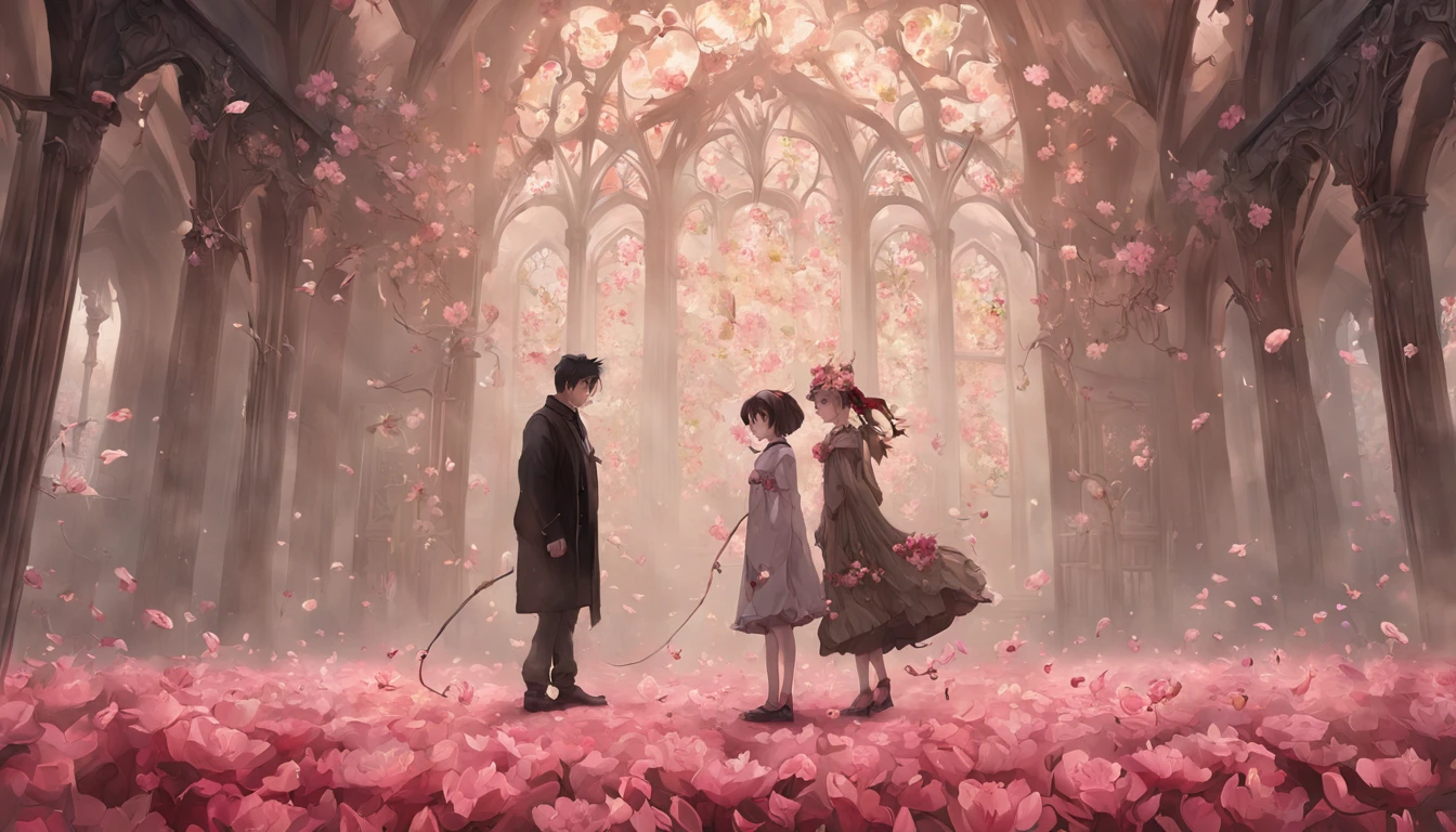 "A couple standing together, in an ethereal and enchanting artwork by Frieke Janssens, capturing the essence of international gothic. The artwork is composed of intricately arranged flowers, showcasing a high definition display on Behance, with a touch of whimsy."