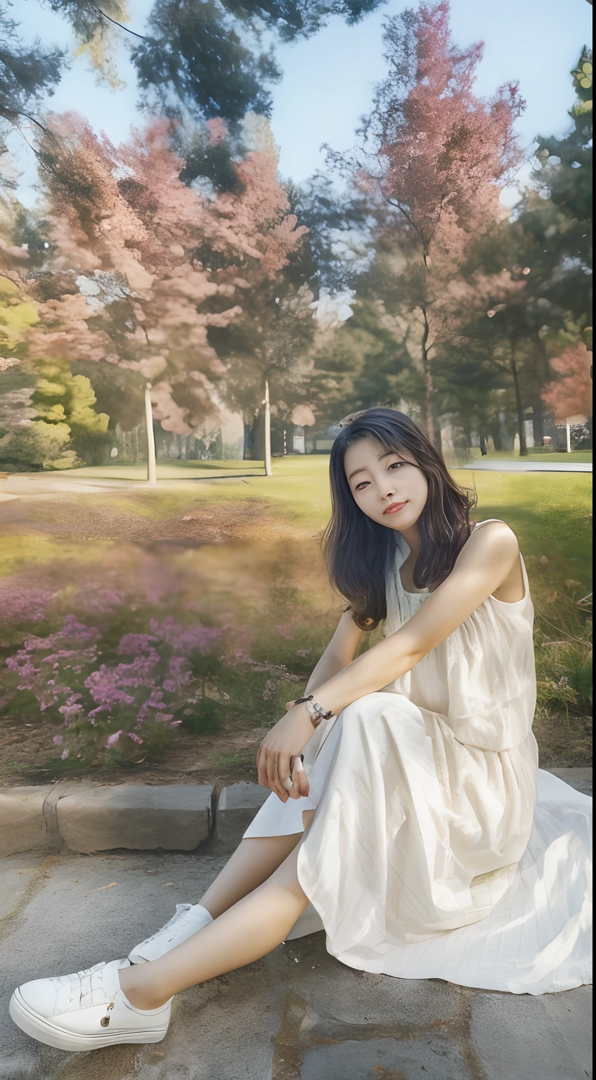 Arakfi sitting on the ground in a white dress and white shoes, In Park, A young Asian woman, with a park in the background, in a city park, inspirado por Kim Jeong-hui, wenfei ye, author li zhang, park in background, xintong chen, at park, Portrait image, Korean woman, chengyou liu，It is consistent with the original face