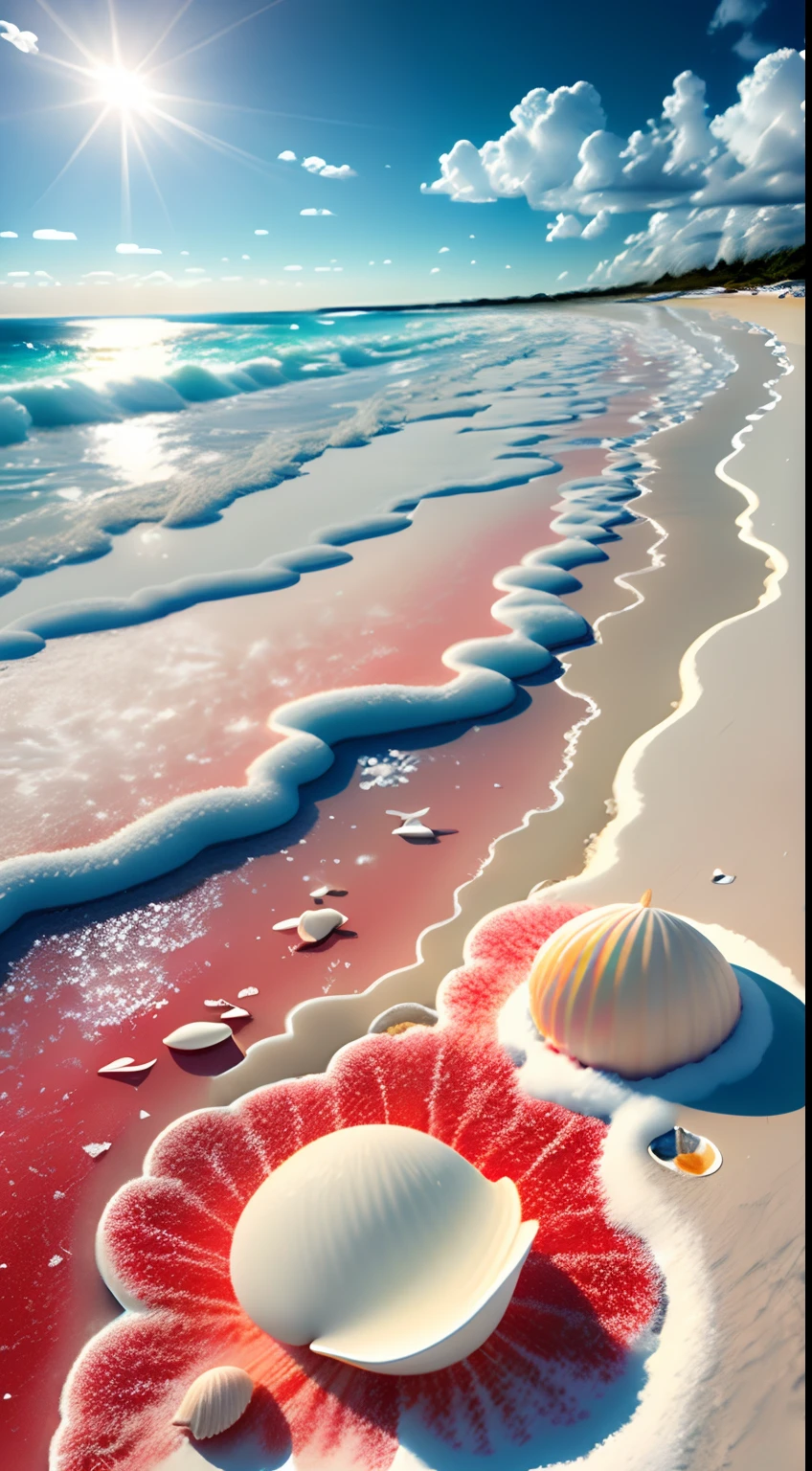 delicate scene,depth of field, 8K, The ivory sky,white clouds,and sunlight shine on the snow-white beach. The coral sea,and many colorful tinny shells on the beach,red roses, roses focus,