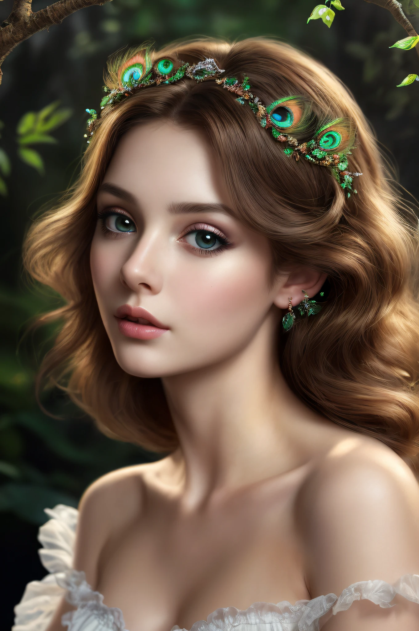 wonderful girl, leaning forward.

dress with straps,

fantastic face, 

caucasian, 

beautiful look, 

detailed hair, 

ultra focus, 

face ilumined, 

face detailed, 

8k resolution, 

painted, 

dry brush, 

brush strokes, 

razumov style and garmash style,
Fairytale. Rolf Armstrong, Ray Caesar, Fragonard. Surrealism, hyperrealism.

Detailed face, perfect face, perfect clear eyes, perfect lips.

Insanely detailed. Luminous dreamlike painting, soft rim lighting, cinematic lighting, beautiful colors. Ultra detailed close up portrait of a bioluminescent peacock princess. Dark forest background, stardust, moonlight.