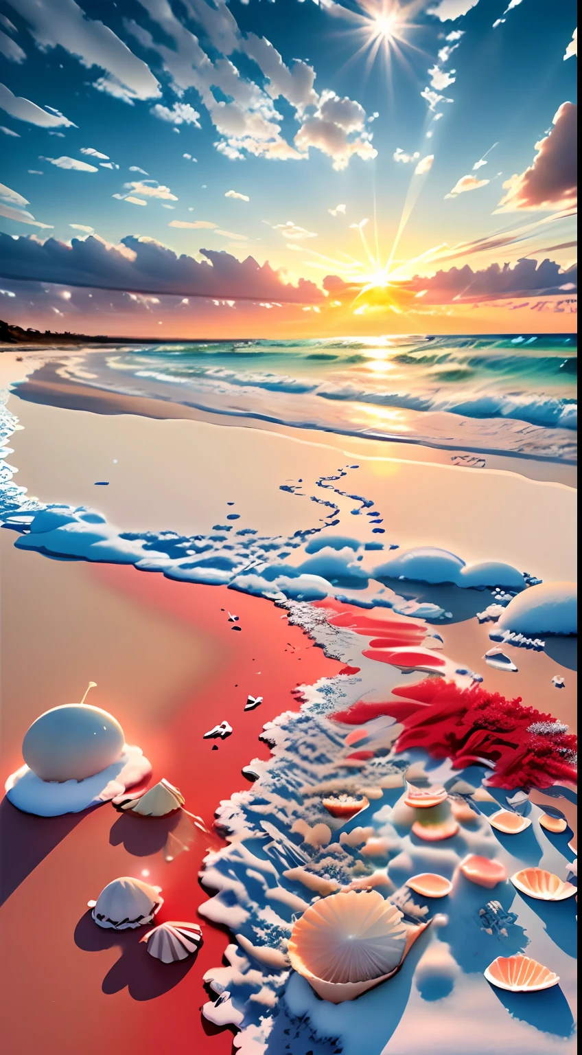 delicate scene,depth of field, 8K, The ivory sky,white clouds,and sunlight shine on the snow-white beach. The coral sea,and many colorful tinny shells on the beach,red roses, roses focus,