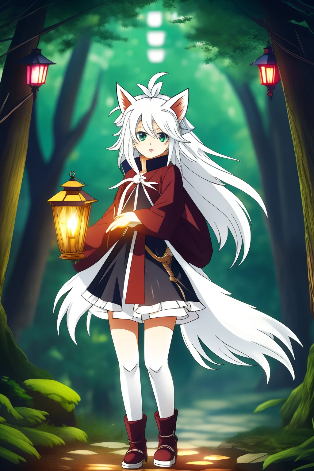 The white-haired fox demon carries a lantern in the forest