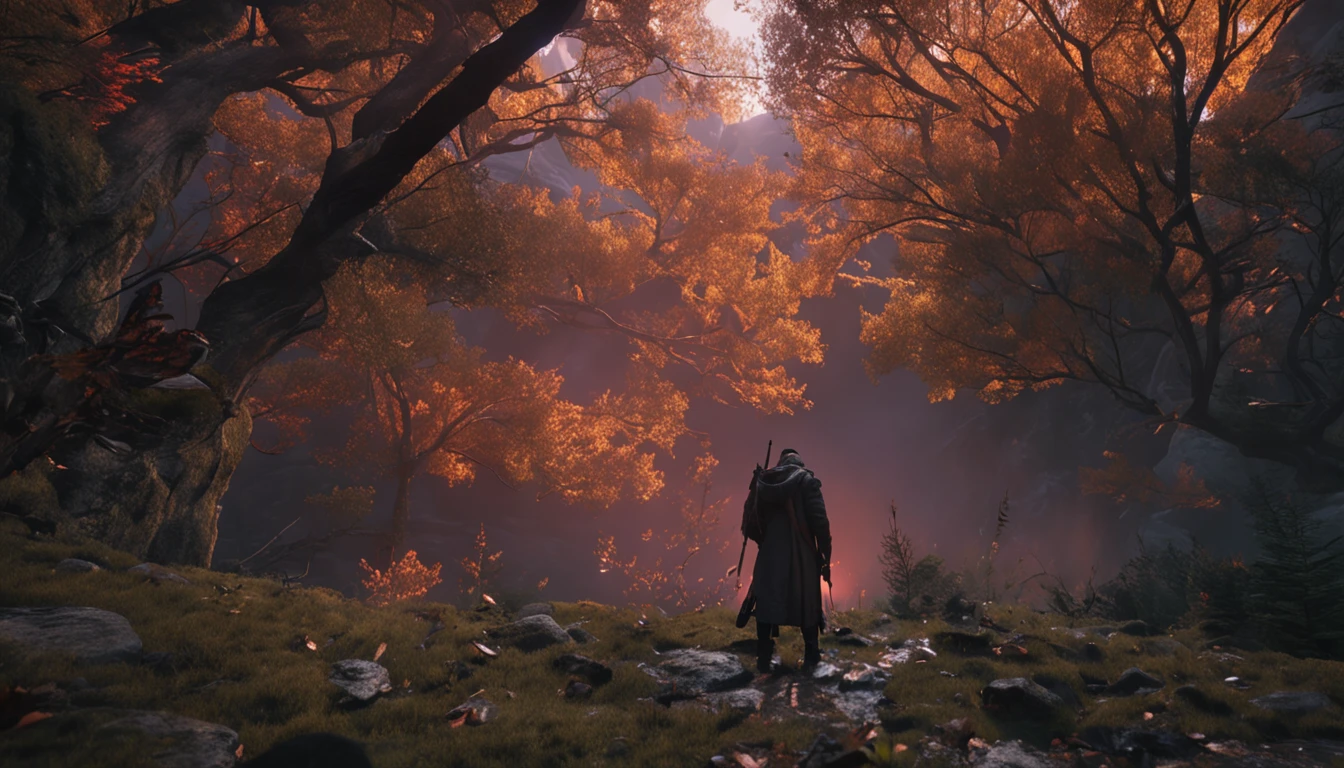 (Dark magic:1.2), (Grim:1.1) forest, A man stands in the Alps, (Intricate details), (ultra - detailed), 8k hdr, high detal, A lot of detail, High quality,Dingdall effect (Colored:1.3)