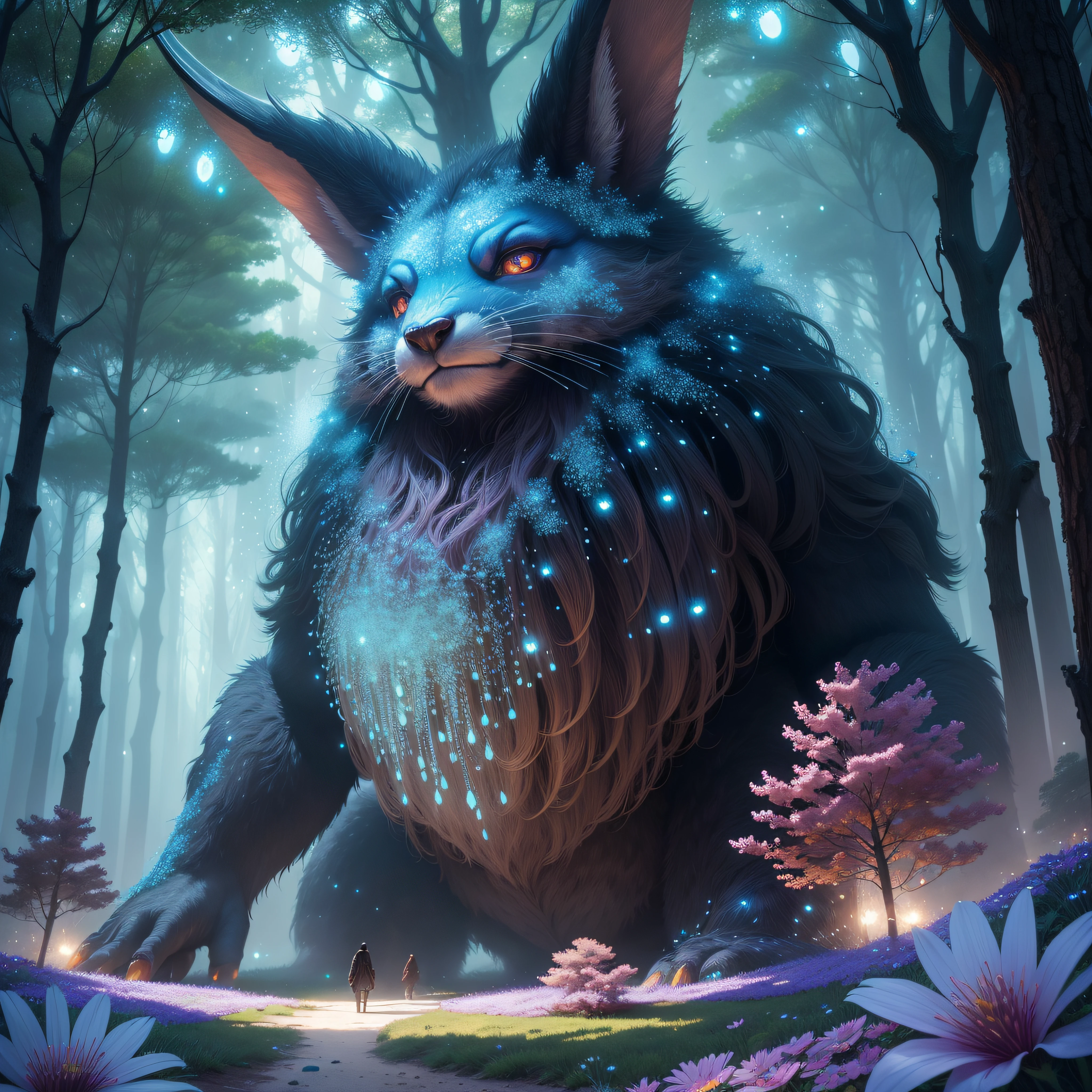 a close up of a giant creature, spring forest, forest flowers, central composition, (shimmering micro particles:1.6), fantasy art, dream style, 4k fantasy art,