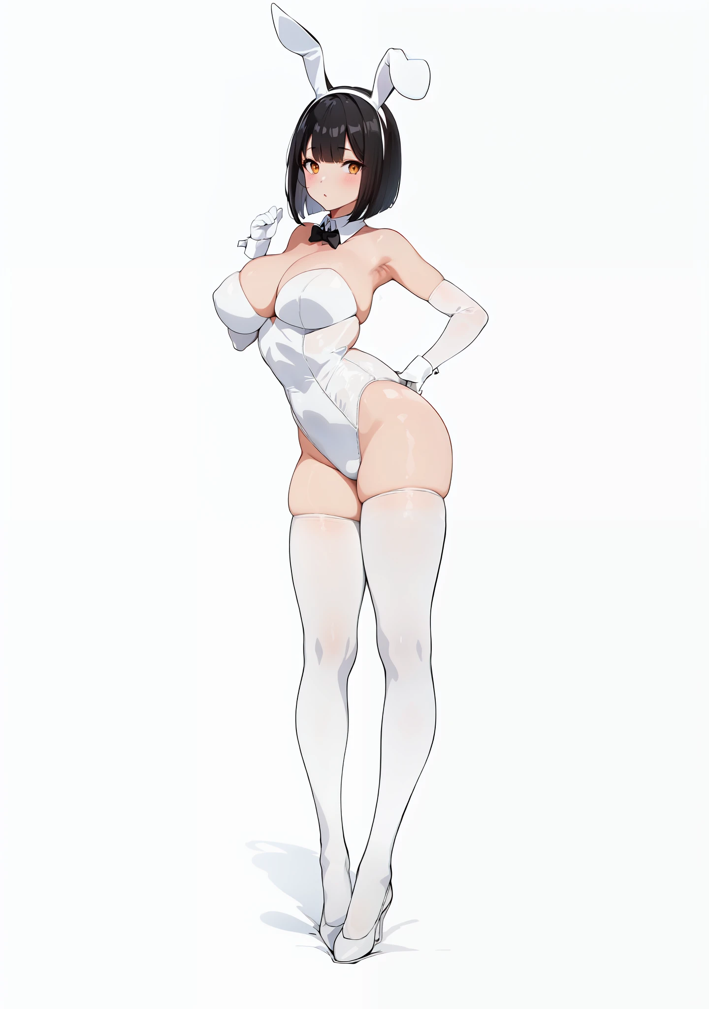 white bunny girl, white stockings, black hair, bob cut, simple white back ground,