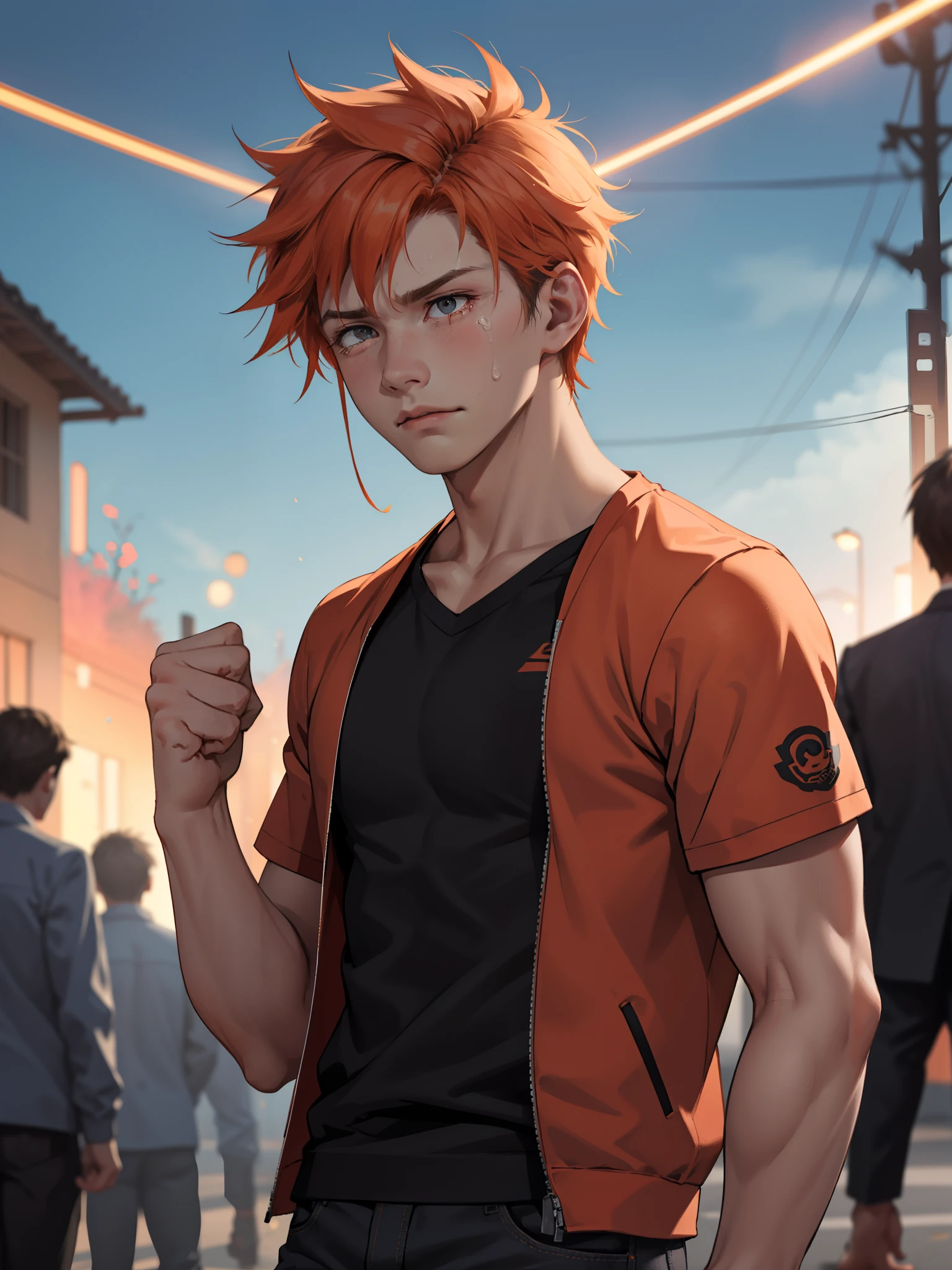 Orange-haired -yeld cr with sadness because his friend has died, clenches his fists in anger, energia y luces salen de su cuerpo
