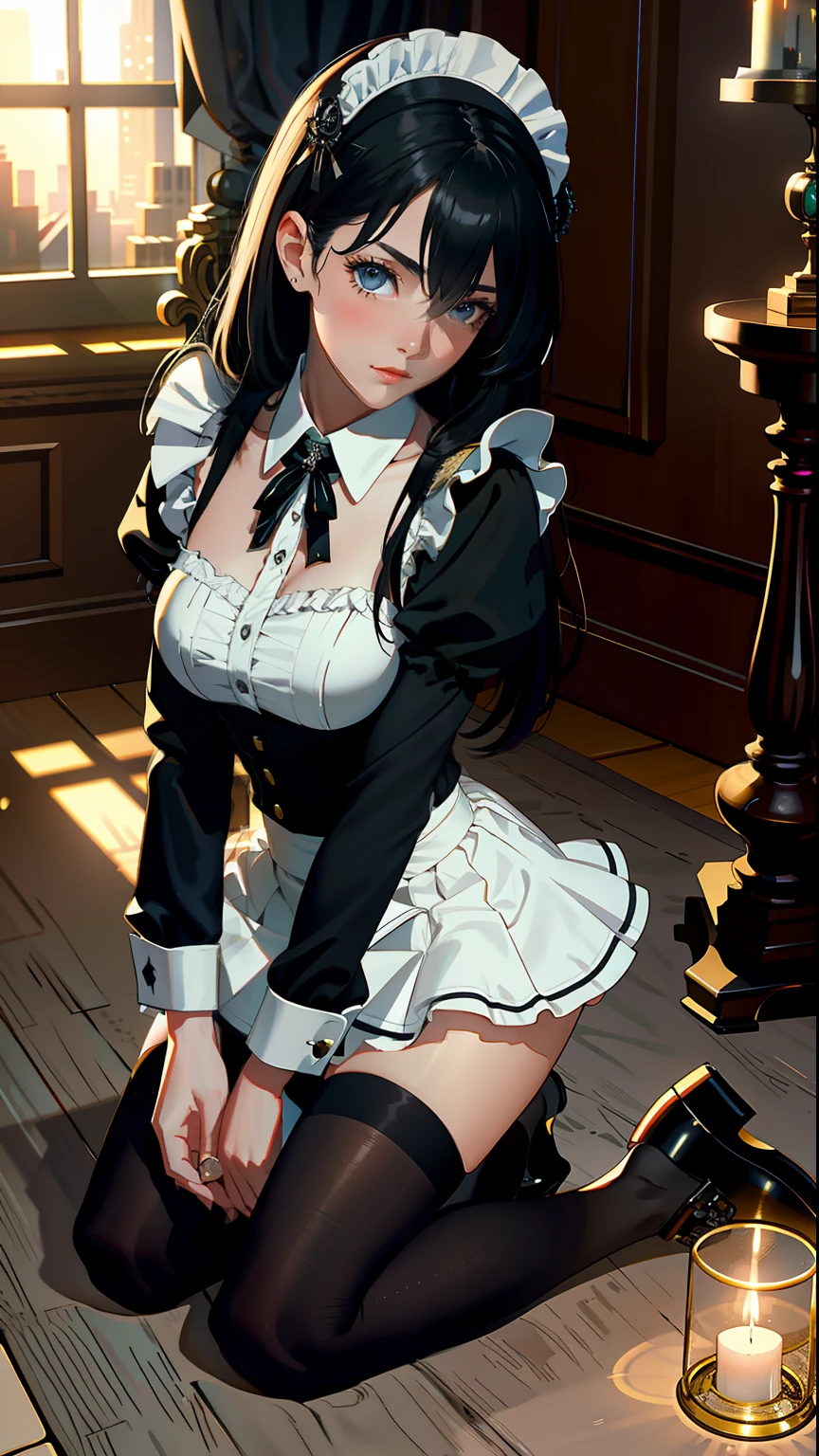 ​masterpiece, top-quality, Detailed details, Detailed landscapes, beatiful lights, Beautiful Shadows,girl with,Kneeling, ((Get down on one knee),Stretch your chest),close legs,,Black eyes,Bewitching look,a miniskirt,(Maid appearance),model poses, detailed skin textures, Tyndall effect,mansion,bedroom,Candlelight