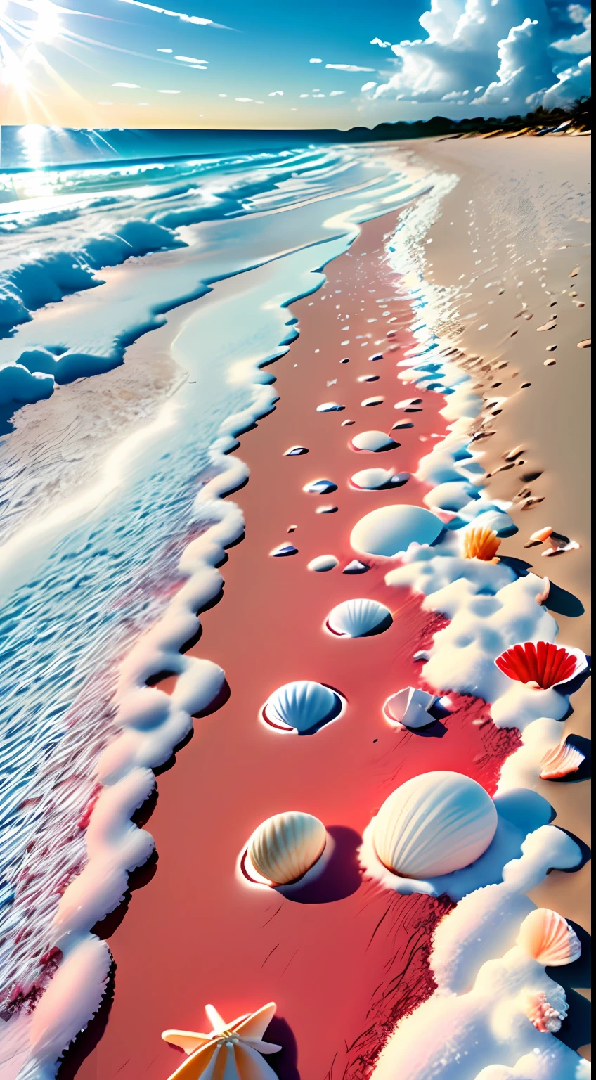 delicate scene,depth of field, 8K, The ivory sky,white clouds,and sunlight shine on the snow-white beach. The coral sea,and many colorful tinny shells on the beach,red roses, roses focus,