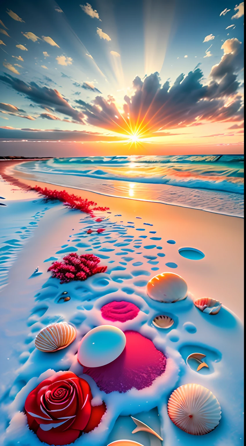 delicate scene,depth of field, 8K, The ivory sky,white clouds,and sunlight shine on the snow-white beach. The coral sea,and many colorful tinny shells on the beach,red roses, roses focus,