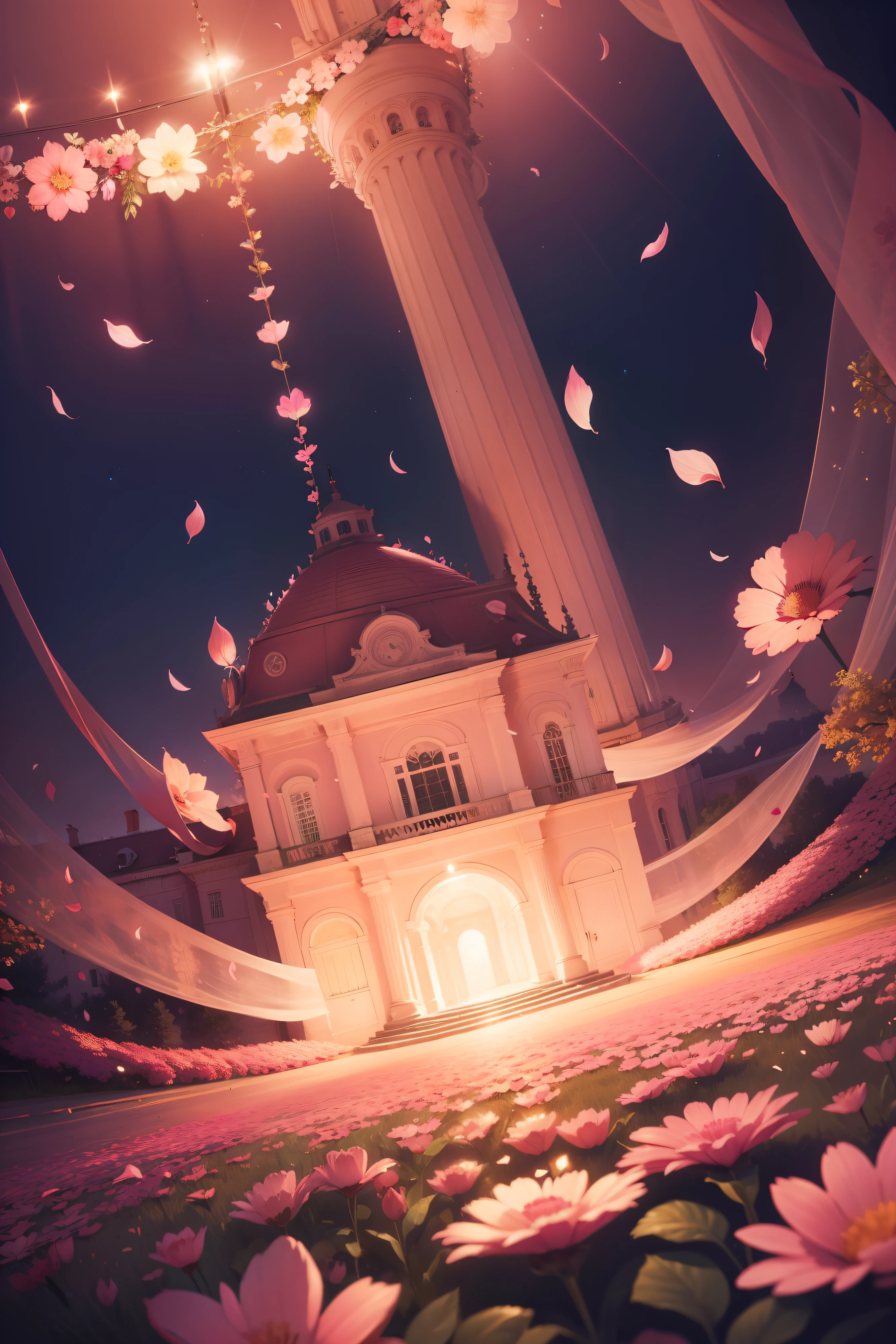 Illustration in pink，festivity，Love，beautiful picture，Petals dressed around，ventania，with light glowing，large scene，No humans appear，Pure scenery