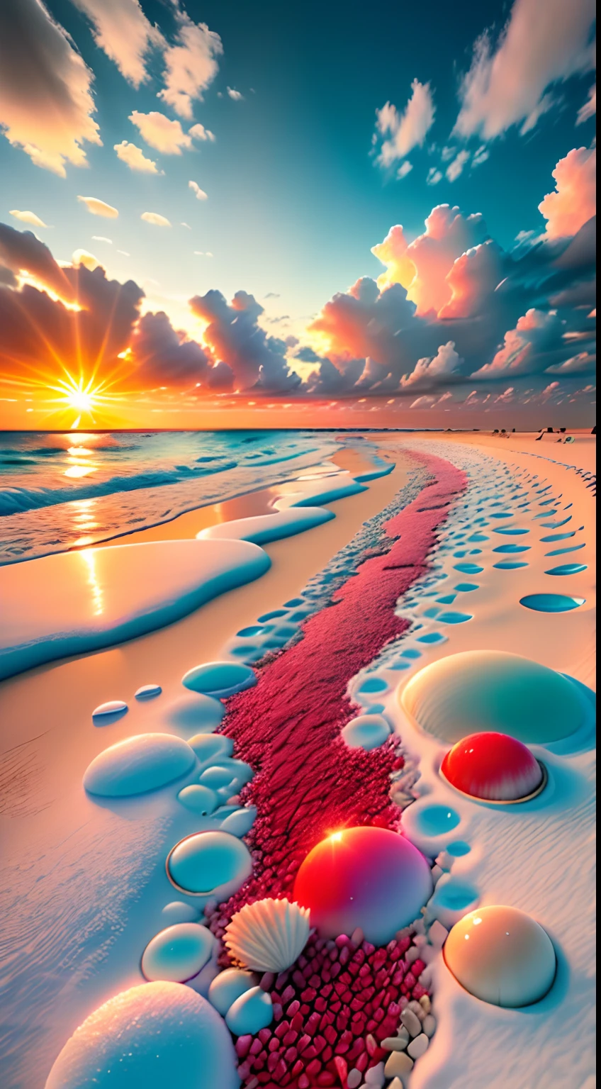 delicate scene,depth of field, 8K, The ivory sky,white clouds,and sunlight shine on the snow-white beach. The coral sea,and many colorful tinny shells on the beach,red roses, roses focus,