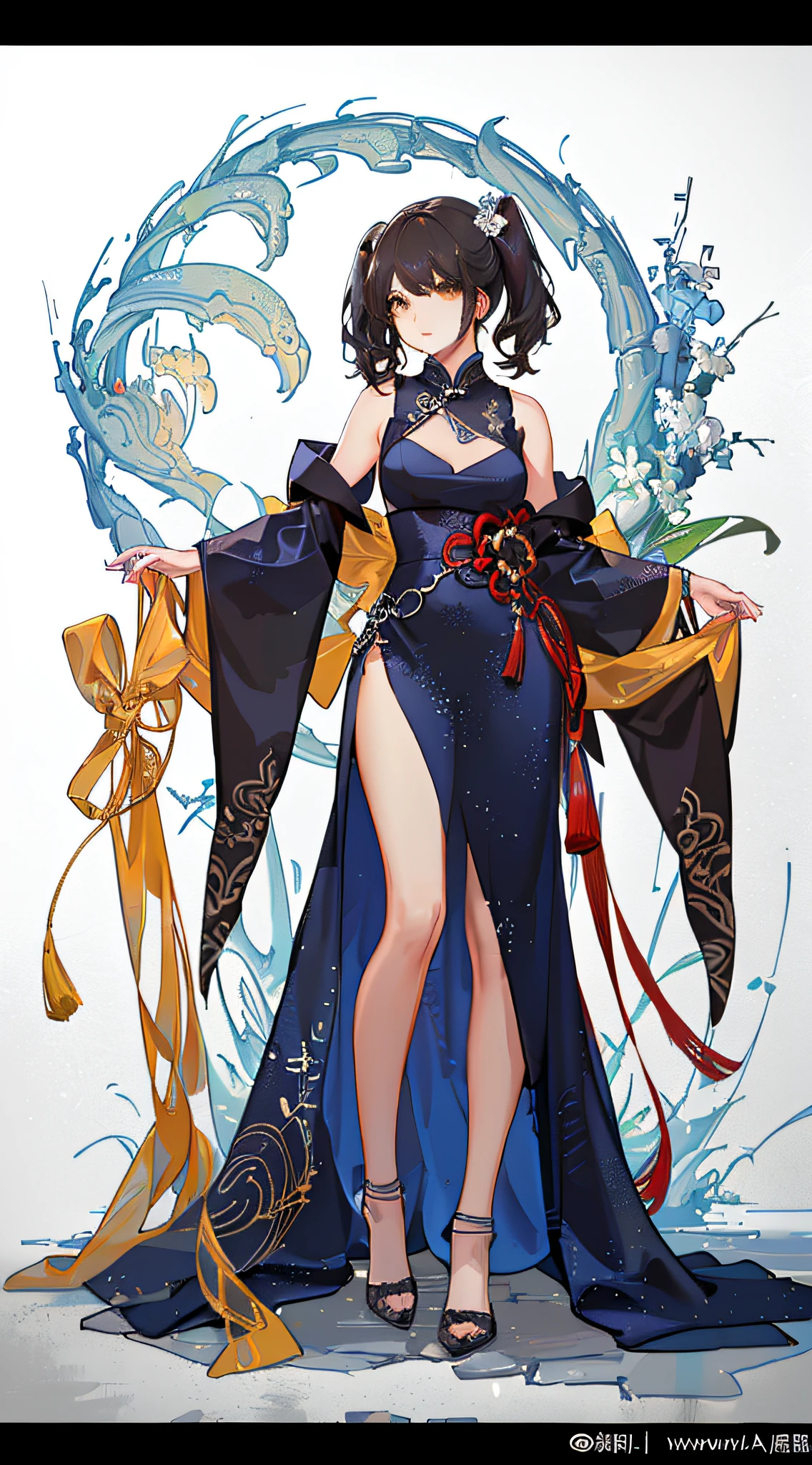 girl,full body,(detailed face:1.2), masterpiece, fashion,chinese dress,, medium hair, black hair, twintails, blunt bangs, brown eyes,