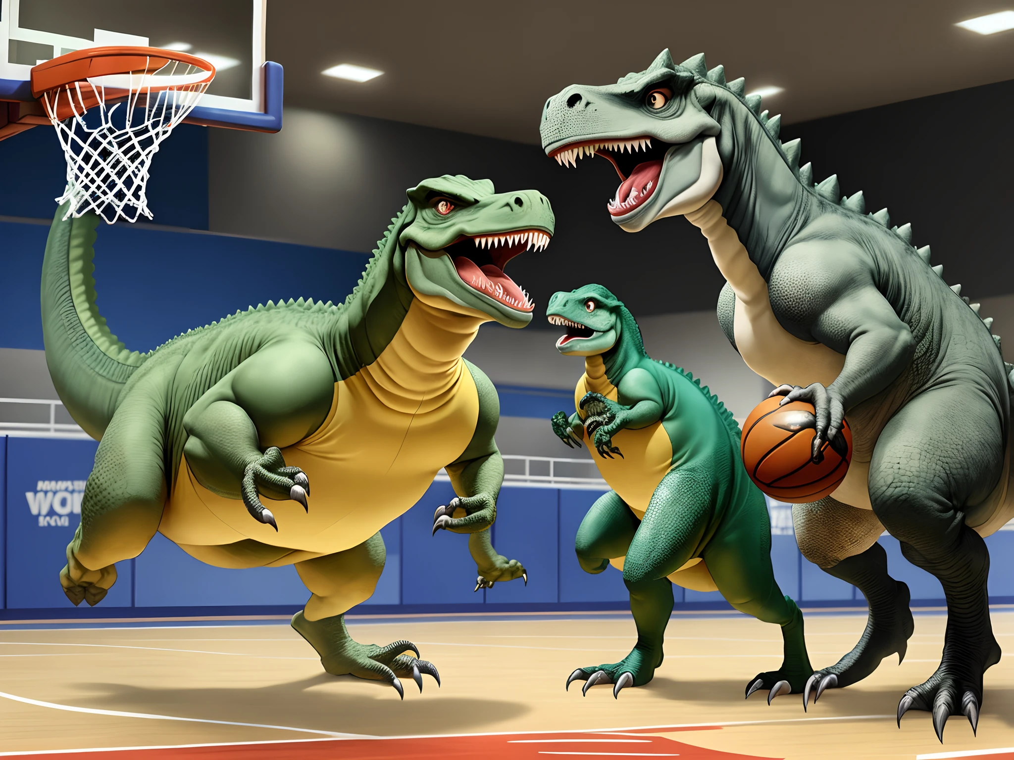 Dinosaurs play basketball