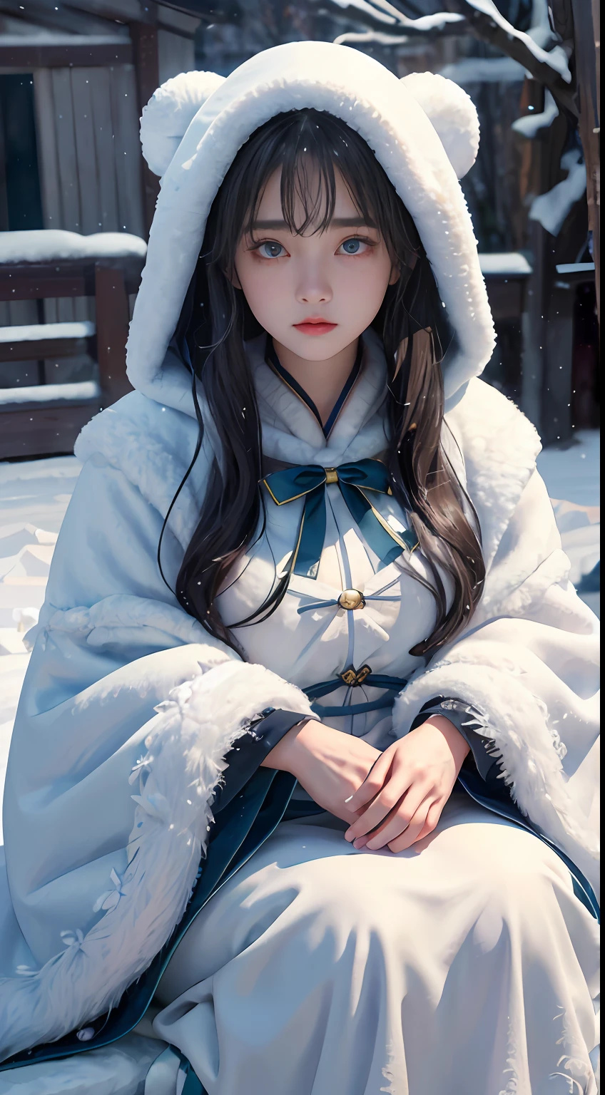 ((Works of masters))，(超高分辨率)，1 girl,Glowing eyes，Tears of sadness， Sitting, Lolita costume，Cloak (Snow, Snow，Outdoor activities in winter:1.2),snowfield，Blue eyes，Illustrations of the highest quality，A meticulous face